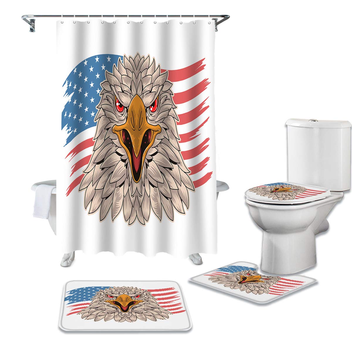 BestLives 4-Piece American Flag Shower Curtain Set with Non-Slip Bath Mat, Toilet Lid Cover & 12 Hooks - Patriotic Eagle Design for Bathroom Decor | Ideal for Home, RV, and Apartment Bathrooms