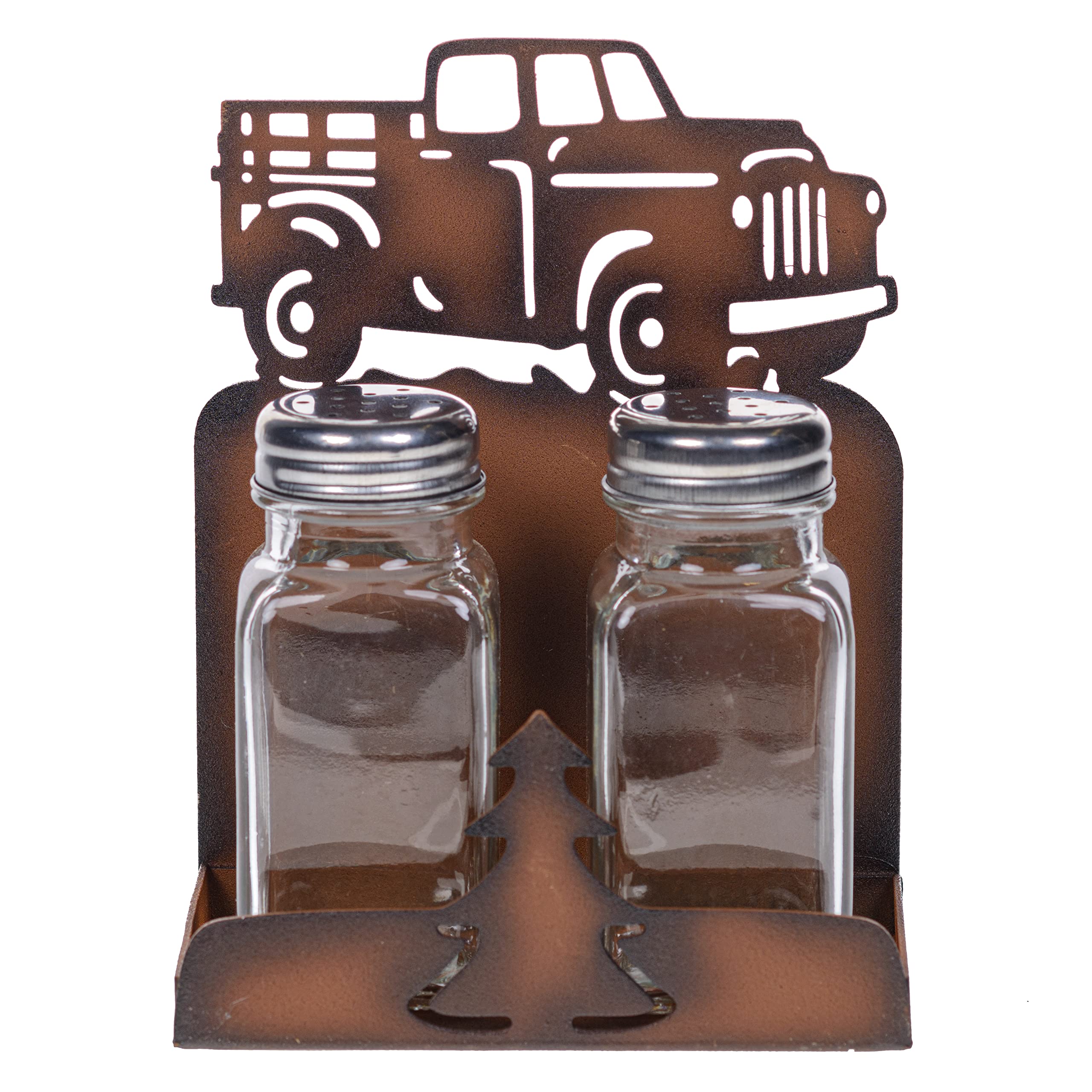 Premium Metal Pine Ridge Pine Tree and Barn Truck Salt and Pepper Shakers - Modern Farmhouse Country Kitchen Decor for Home, Restaurant, and Rustic Dining Table Setting