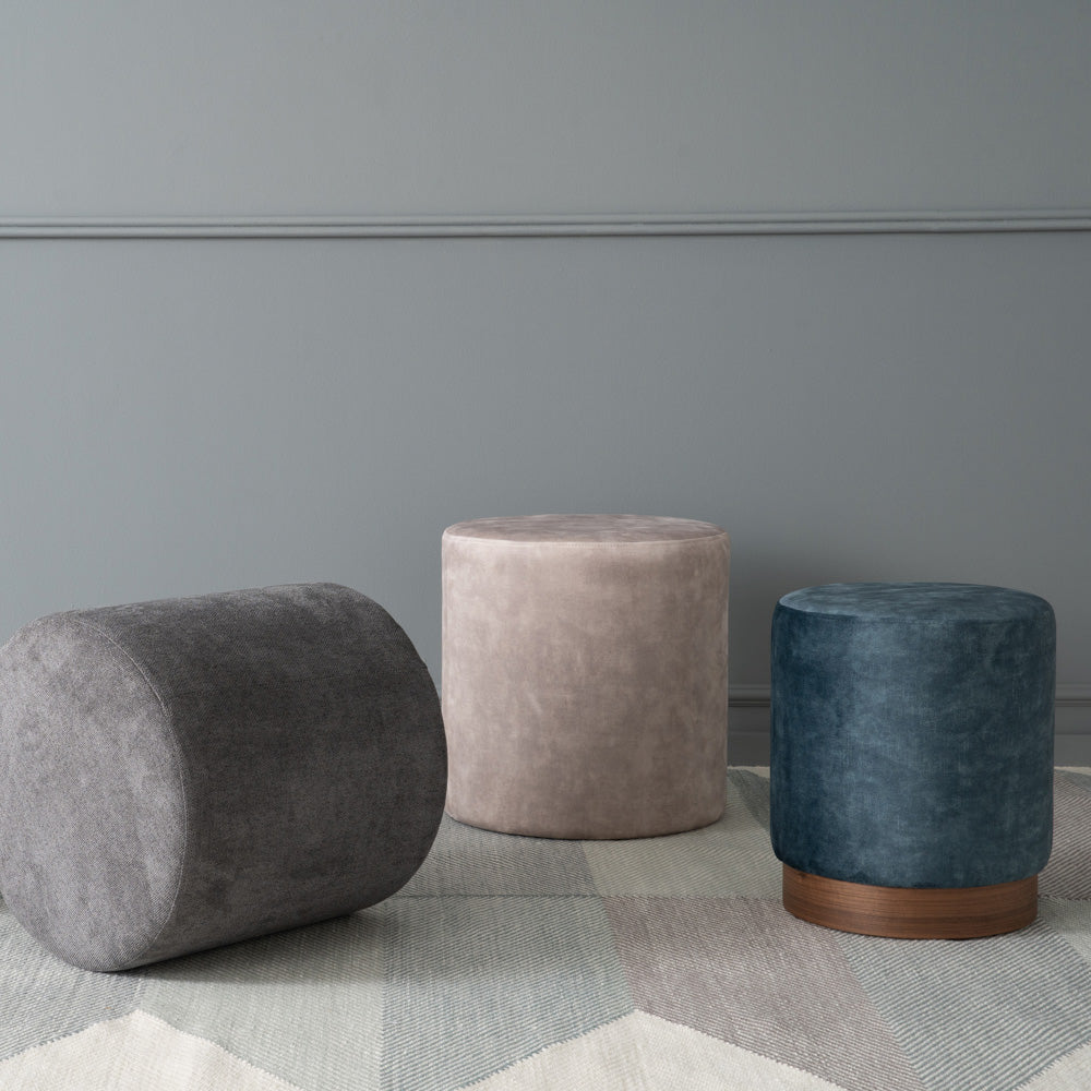 AURA 37.5cm Ottoman Stool with Sapphire Blue Upholstery and Walnut Wood Legs - Perfect for Living Room, Bedroom, or Entryway Seating