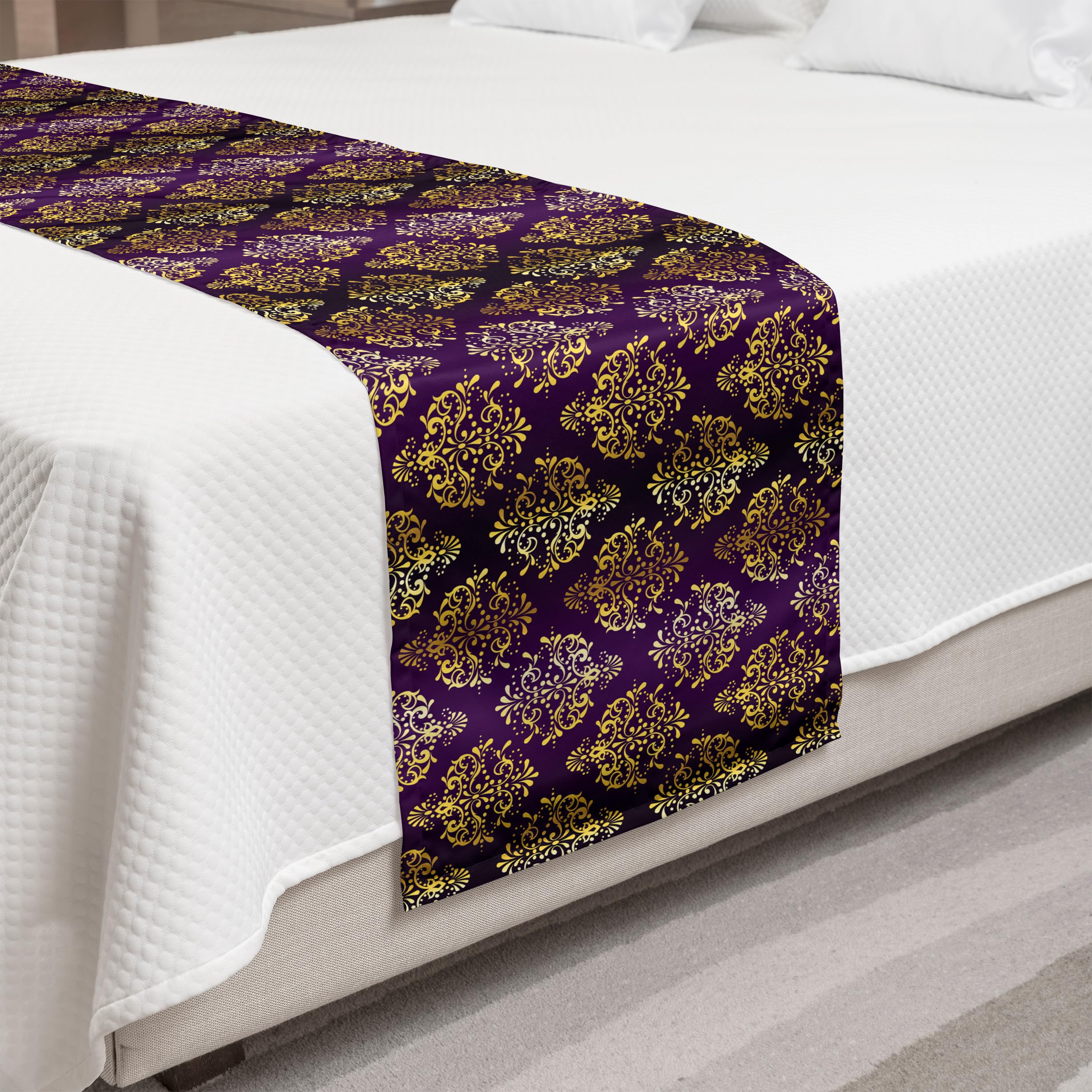 Ambesonne Yellow Damask Bed Runner - Oriental Leaf Print for Hotels & Homes