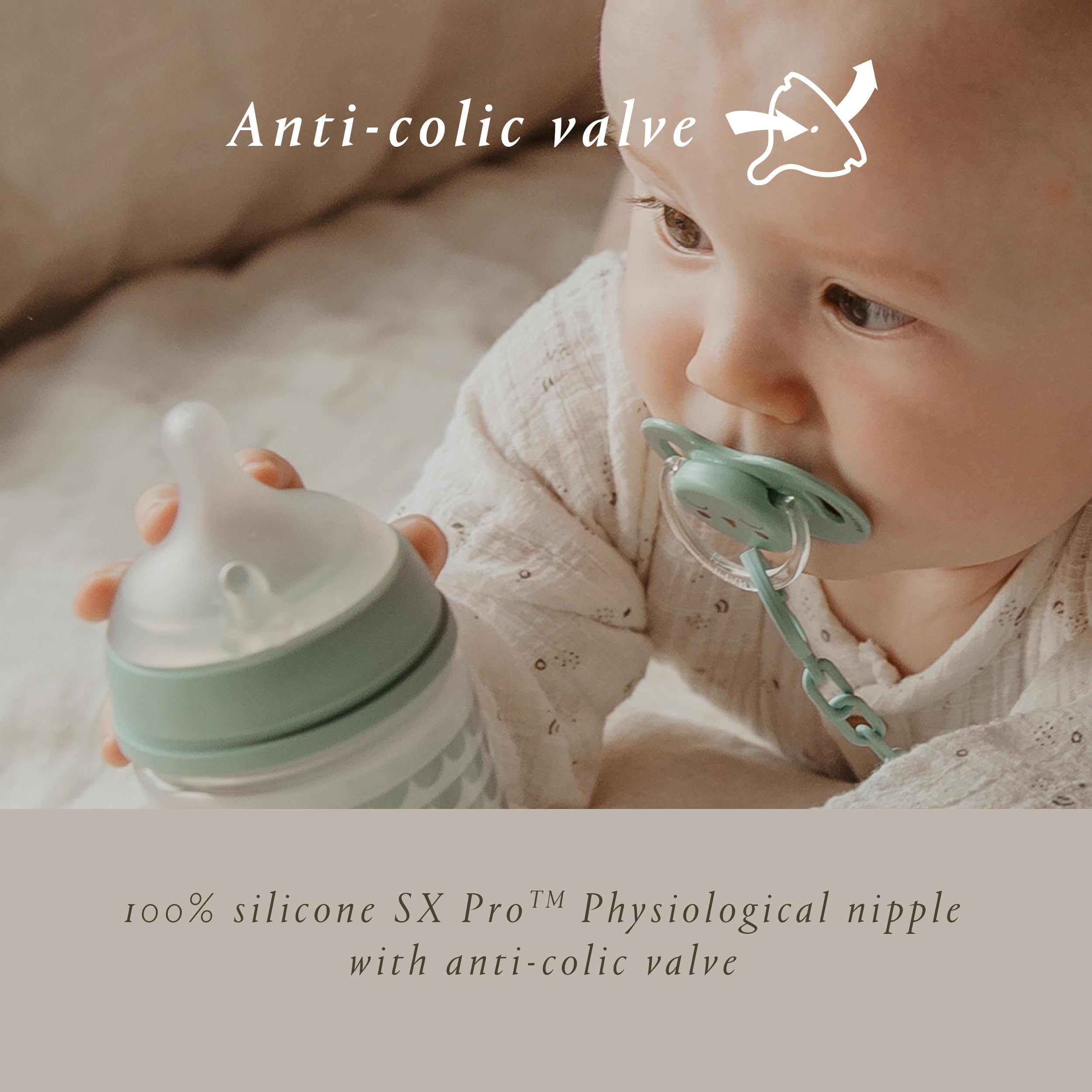 Suavinex Bonhomia Glass Baby Bottle with SX PRO Silicone Nipple - Anti Colic, BPA-Free, for Breastfed Babies - 3 Pack (Mint/Beige) - Perfect for Newborns, Infants & Toddlers at Home, Daycare or Travel