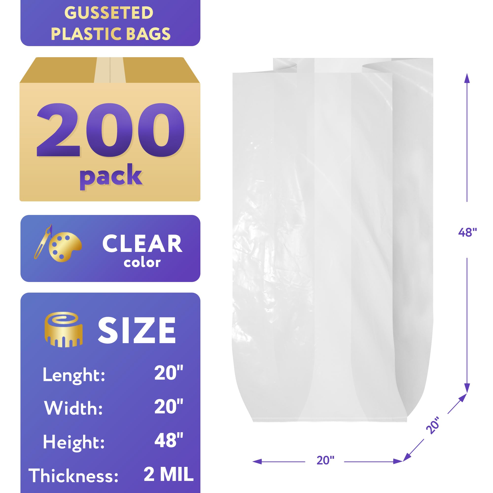 APQ Gusseted Plastic Bags for Food Storage - 20x20x48 Inches, 2 Mil Thick Clear Poly Bags (Pack of 200) - Leak-Proof Produce Bags Roll with Open End - Perfect for Grocery, Retail, Party Favors & Gift Packaging