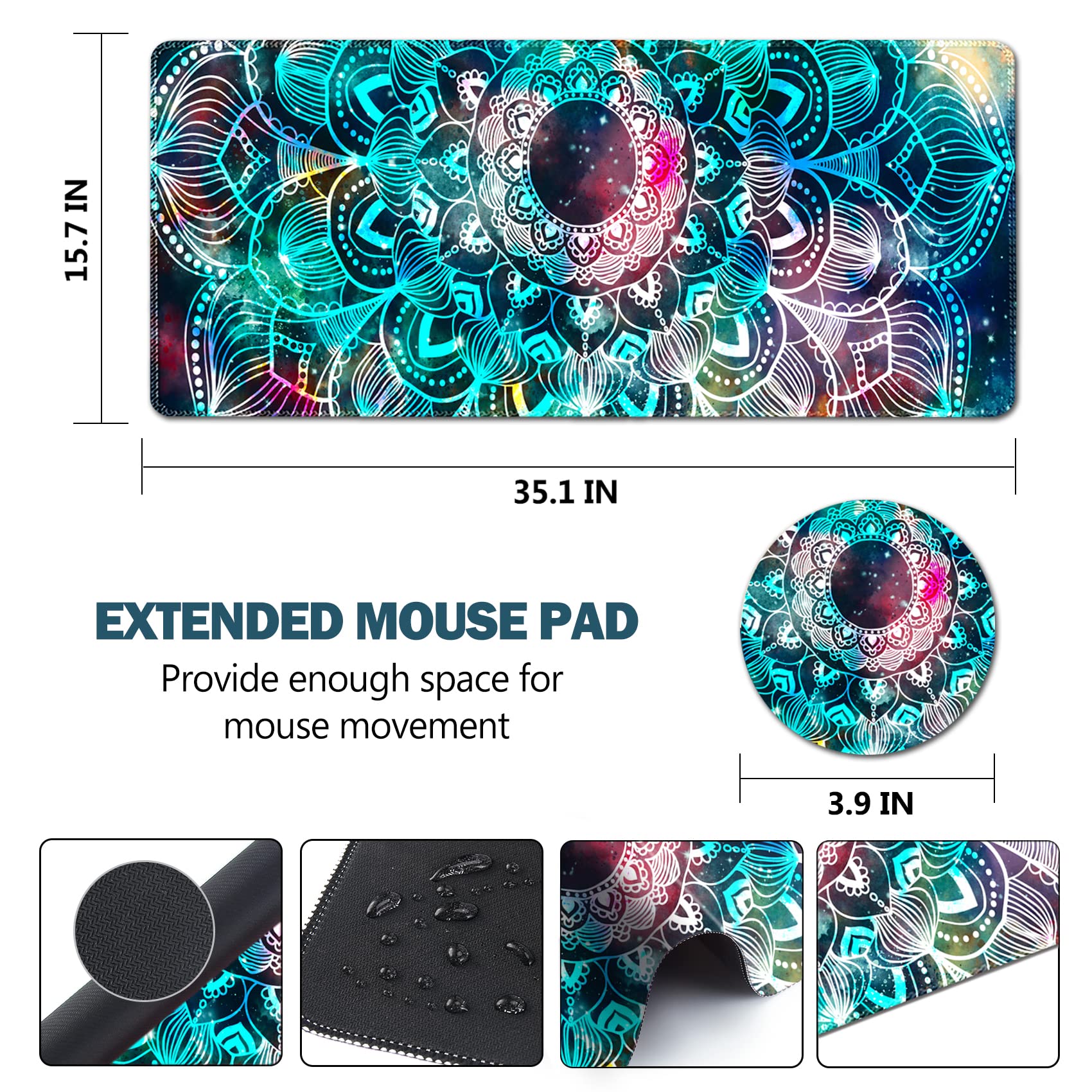 XXL Gaming Mouse Pad 35x15.7 Inch - Large Extended Keyboard Mouse Mat with Stitched Edges & Non-Slip Base - Durable Desk Pad for PC, Laptop, Office & Home Gaming Setup - Mandala Design for Gamers & Professionals