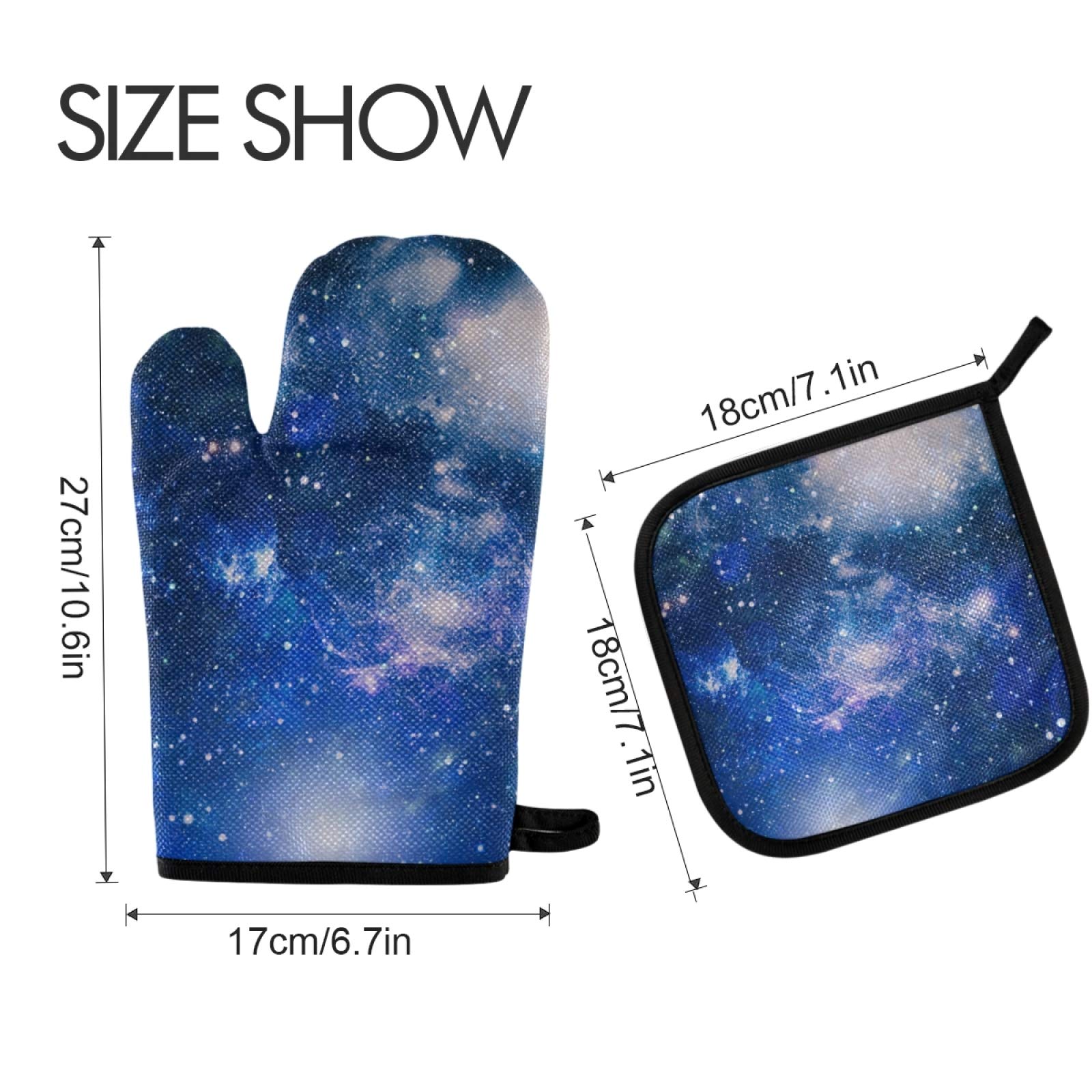 Blue Nebula Space Galaxy Oven Mitts & Pot Holders Set - Heat Resistant Kitchen Gloves & Starry Night Hot Pads for Cooking, Baking, BBQ - Perfect for Home Kitchen & Outdoor Grilling