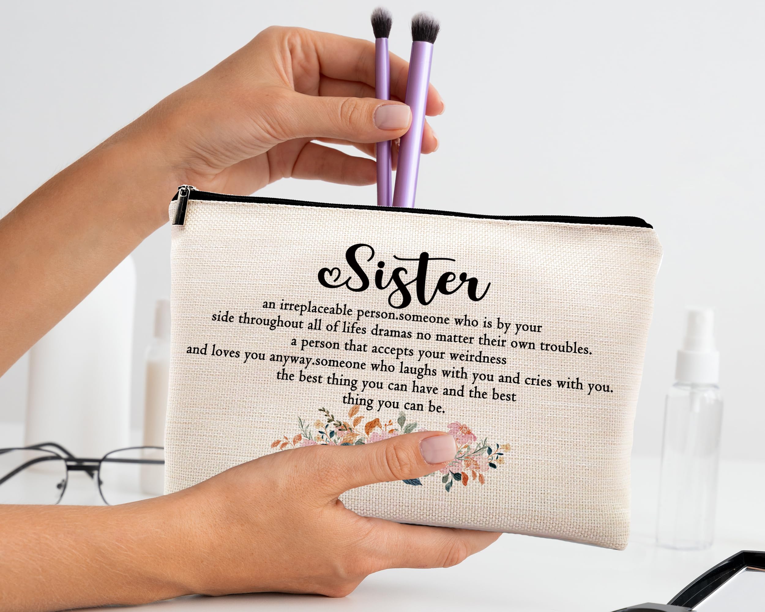 KDQUA Sister Makeup Bag - Best Gifts for Sisters, Big Sister Little Sister Friendship Gift - Linen Cosmetic Zipper Pouch, Travel Toiletry Organizer - Perfect for Birthday, Christmas & Travel (Inspirational Sister Gifts for Women)