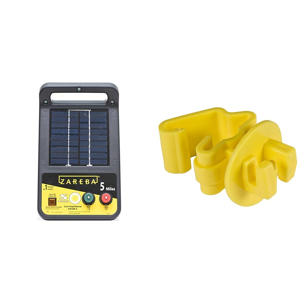 Zareba ESP5M-Z Solar Powered 5 Mile Low Impedance Electric Fence Charger & ITY-Z T-Post Insulators (25-Pack) - Weatherproof Energizer for Livestock, Farms, and Pasture Security