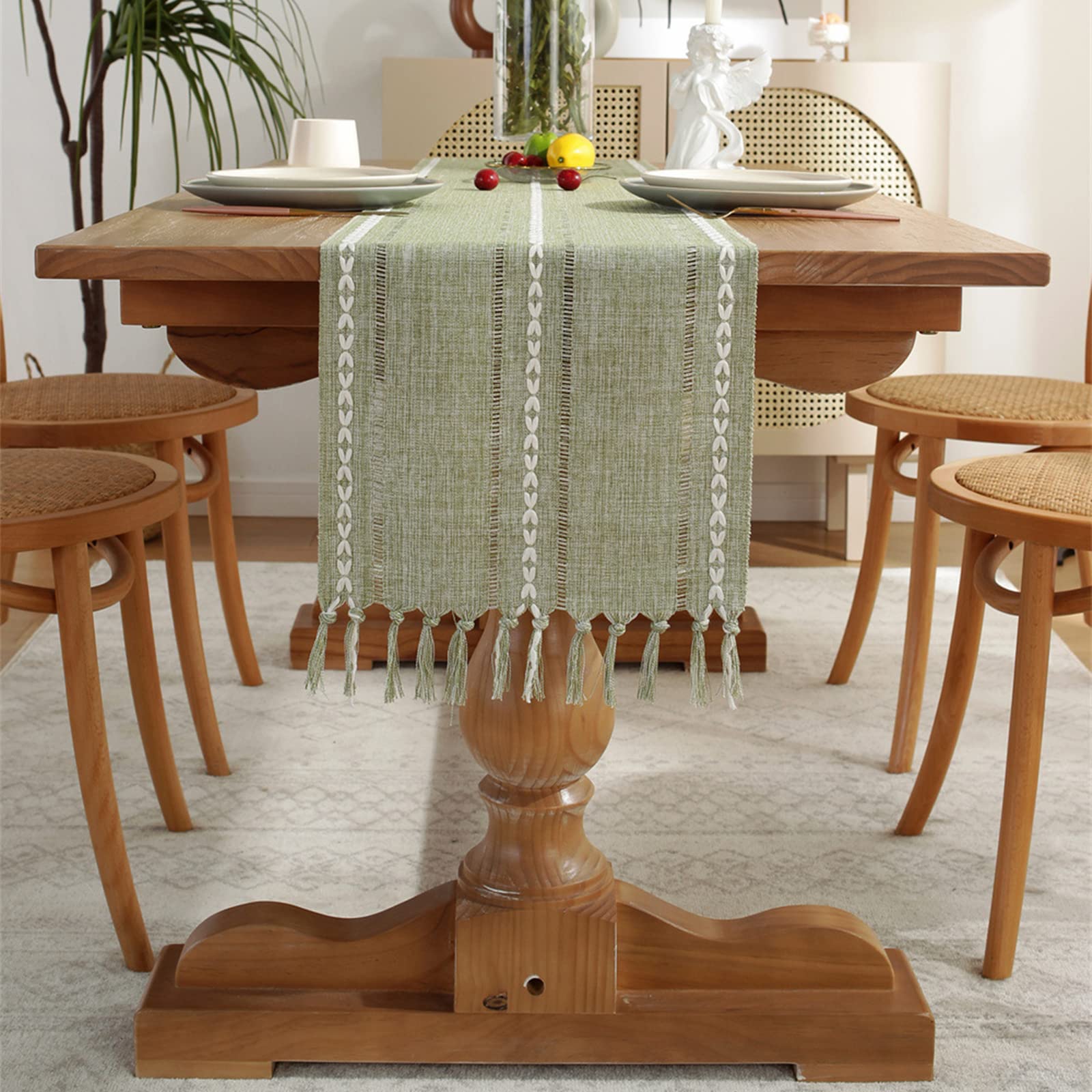 Jeloris Braided Striped Table Runner - Farmhouse Cotton Linen Tablecloth with Tassels - 12 x 108 Inch Green Decorative Table Scarf for Christmas, Kitchen, Dining Room, Wedding & Party Decorations - Perfect for Holiday Gatherings and Home Decor
