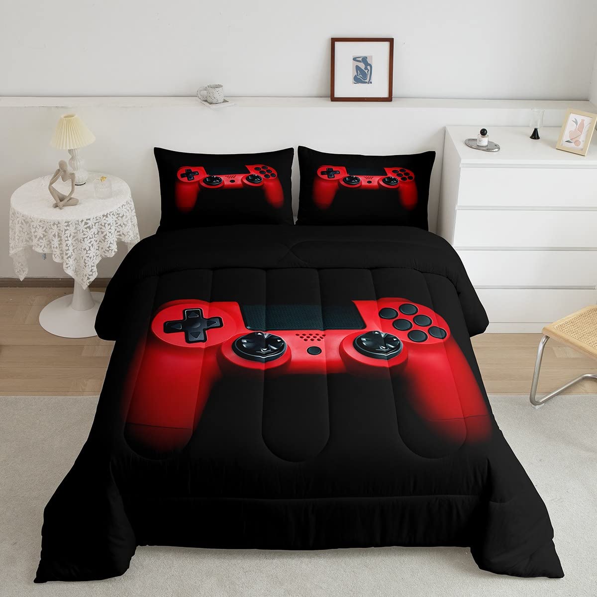 Feelyou Gaming Bedding Set - Black & Red Video Game Comforter with Controller Design, 1 Queen Comforter + 2 Pillowcases (3Pcs) - Perfect for Teen Boys' Bedroom, Game Room Decor & Gift for Gamers