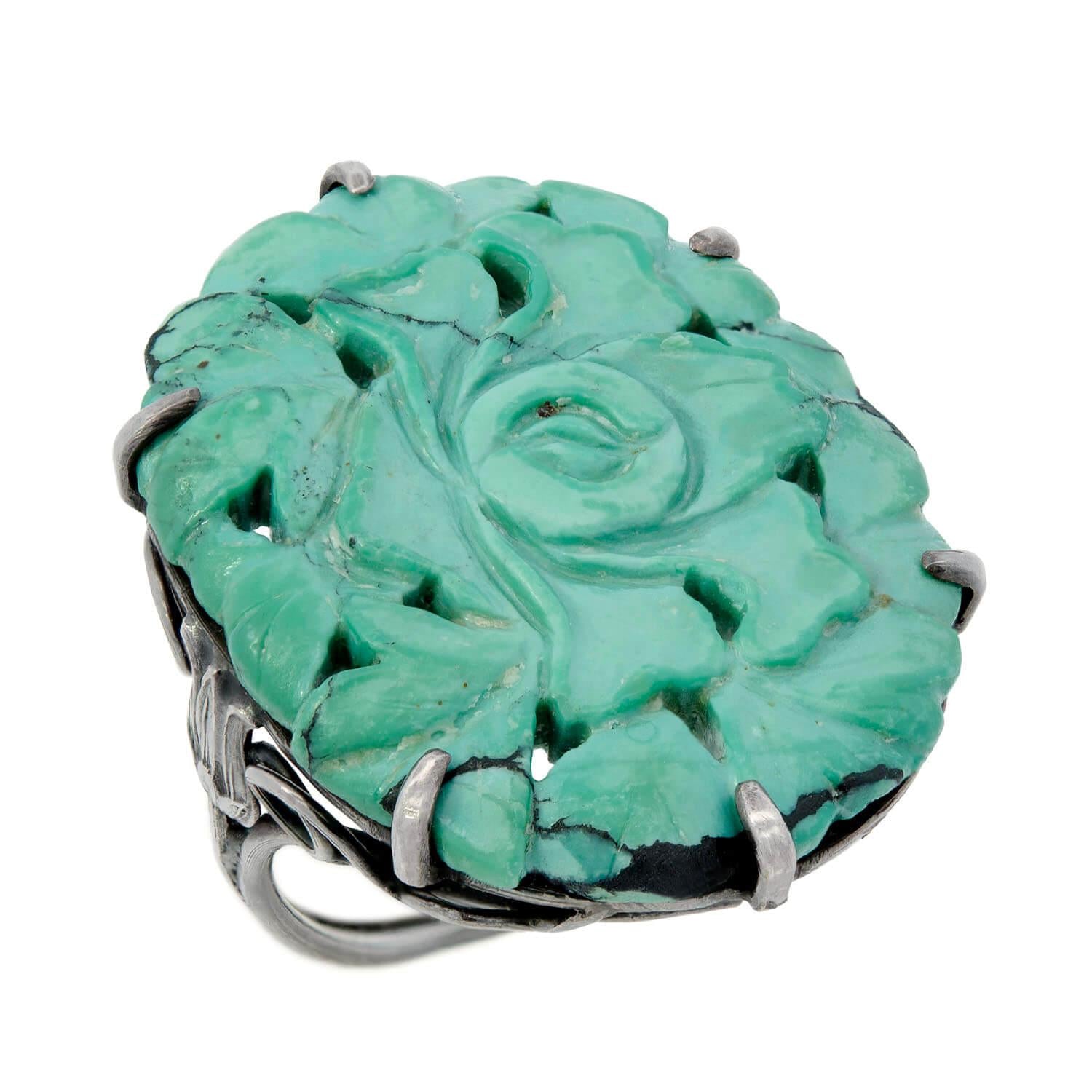 Antique Edwardian Sterling Silver Chinese Carved Turquoise Ring - Vintage Jewelry for Women, Unique Handmade Blue Gemstone Engagement Gift, Perfect for Weddings, Anniversaries & Special Occasions