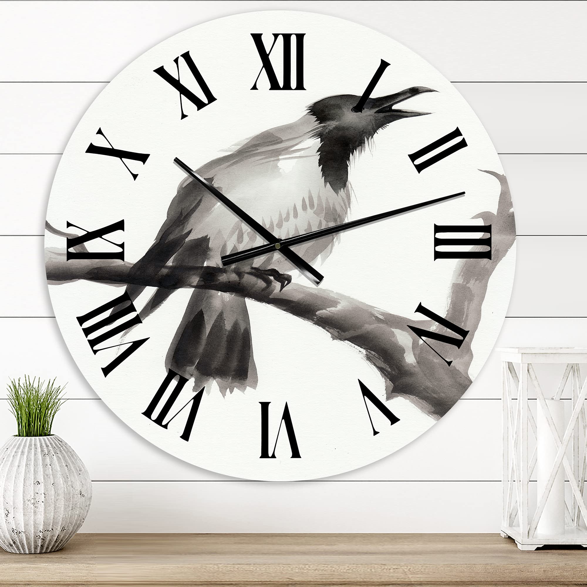 DesignQ Traditional Large Wall Clock - 'Crying Crow On A Branch' Animal Art Decor for Living Room, Bedroom, Office | Silent Non-Ticking Mechanism | Perfect Home & Office Decoration Gift