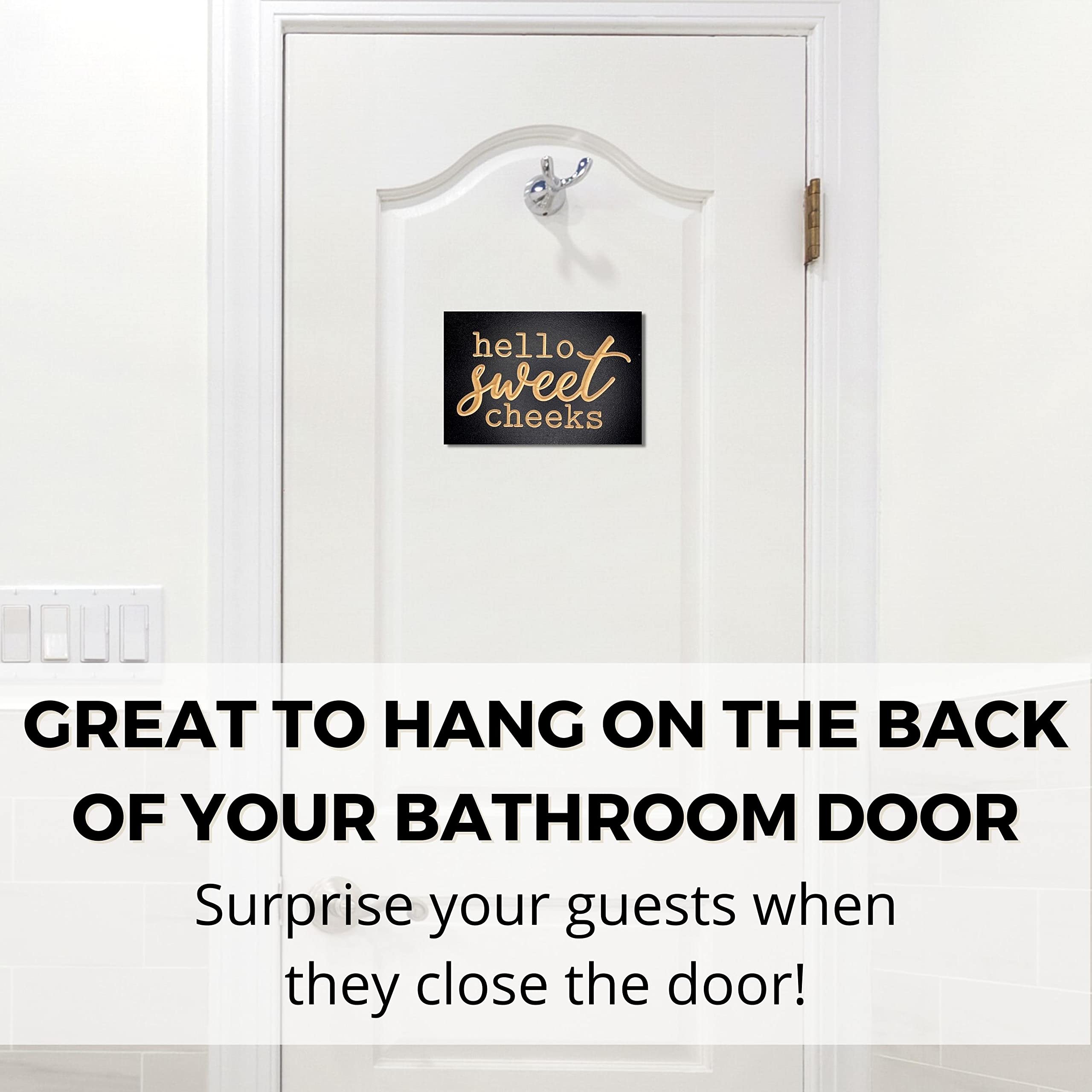 Hello Sweet Cheeks Bathroom Sign - 6x9 Inch Wooden Funny Half Bathroom Decor - Powder Room & Guest Bath Door Sign - Black Above Toilet Wall Art by True Stock Studios - Perfect for Farmhouse, Rustic & Modern Bathroom Decor Styles