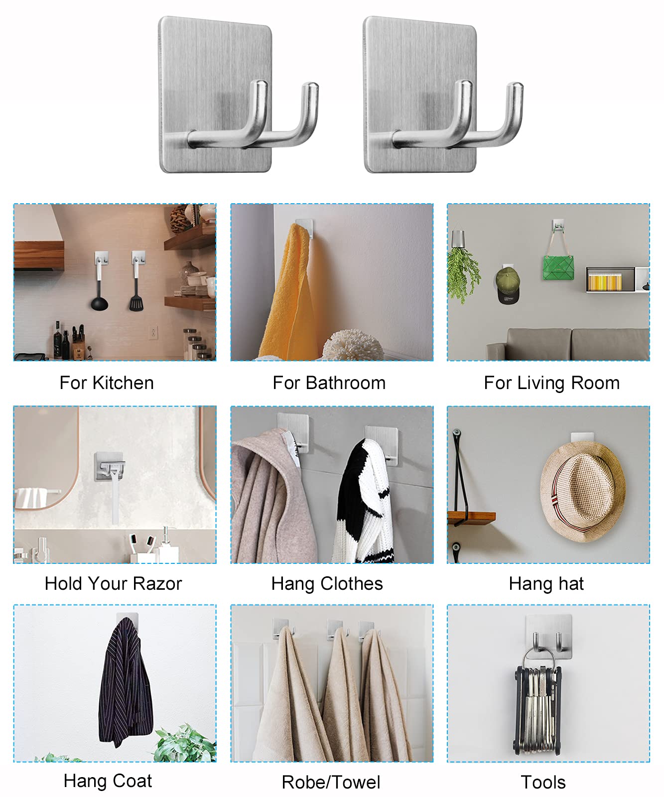 Stainless Steel Adhesive Hooks - Razor Holder for Shower, Bathroom Wall Towel Hooks, Self-Adhesive Door Hangers for Coats, Loofahs & Robes - Perfect for Bathroom Organization & Space Saving
