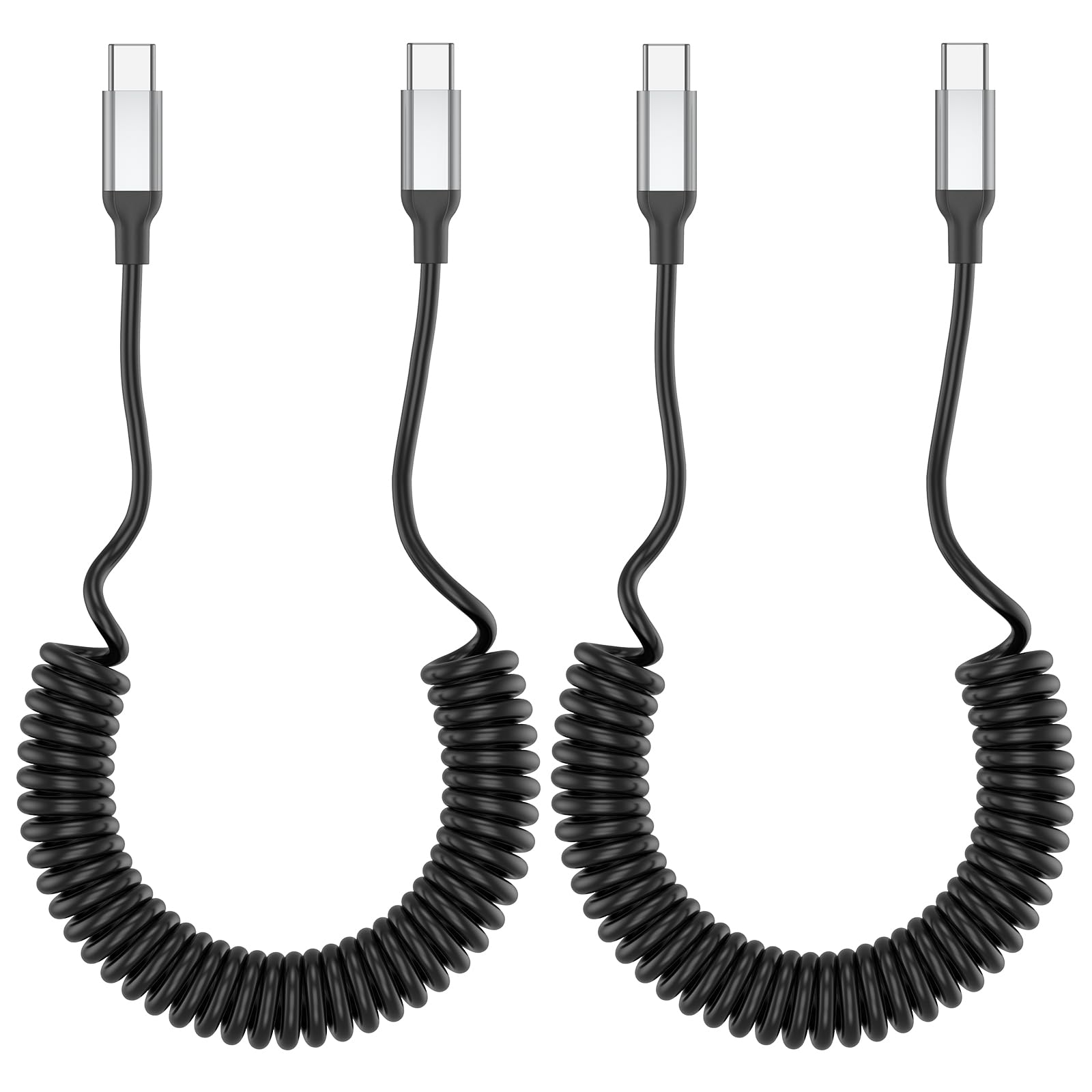 2 Pack Coiled USB C to USB C Cable - 60W PD Fast Charging & Data Transfer - Compatible with iPhone 15 Pro Max, Samsung Galaxy, OnePlus, Huawei Mate, Apple CarPlay - Perfect for Car Charging & Mobile Device Connectivity