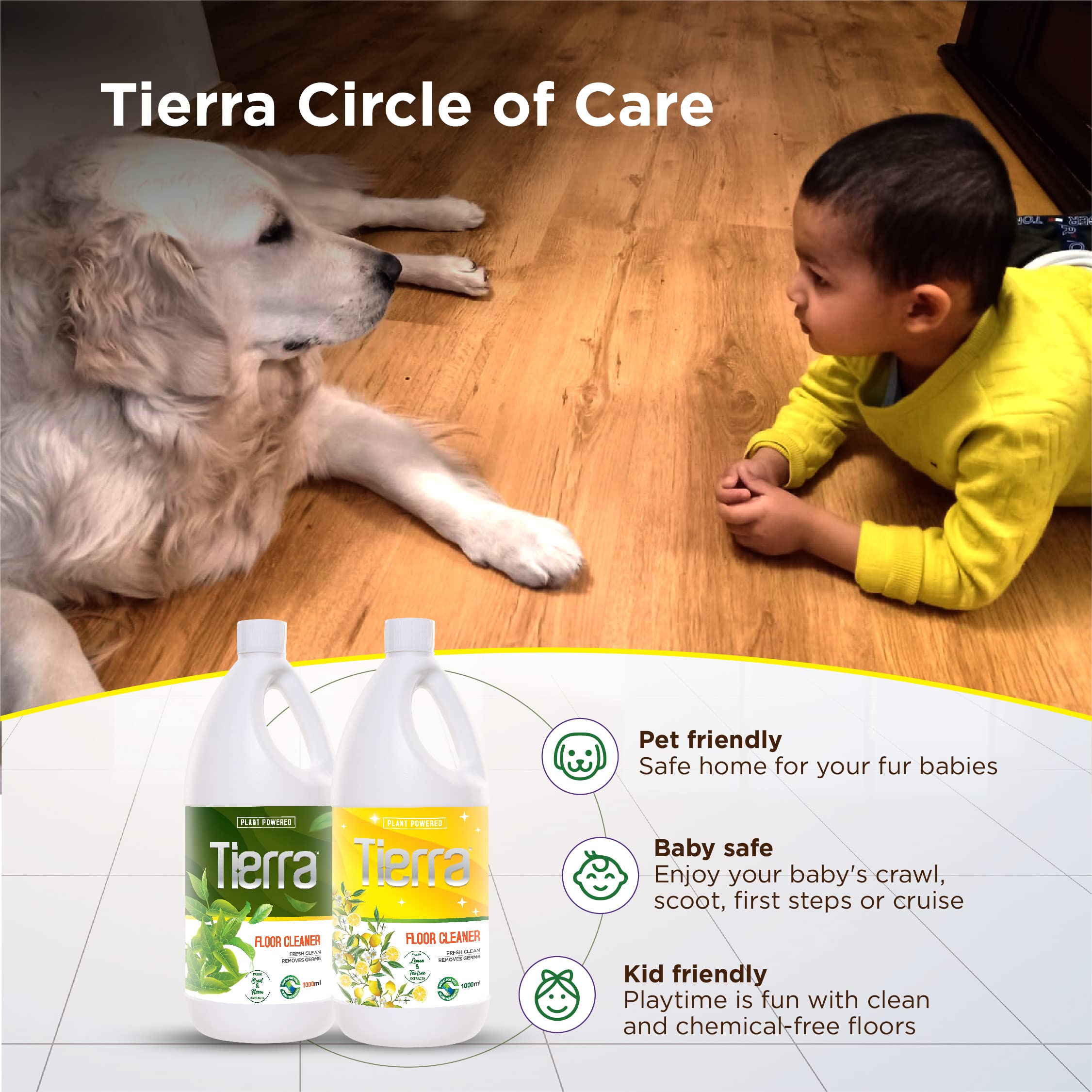 Tierra Floor Cleaner Liquid - 1 Liter | Natural Basil & Neem Extract | Kills Germs & Removes Stains | Safe for Skin, Babies & Pets | Non-Toxic | Ideal for Hardwood, Tile & Laminate Floors
