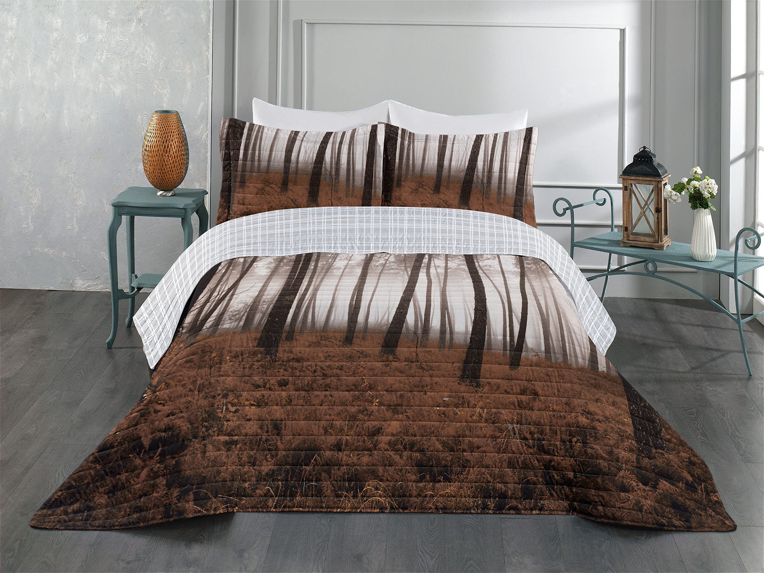 Ambesonne Reversible Queen Size Bedspread Set - Fantasy Woodland Forest Design with Foggy Trees & Contrast Colors | Microfiber Comforter & Pillow Shams in Pale Chocolate Brown | Perfect for Cozy Bedroom Decor & Nature-Themed Home Styling