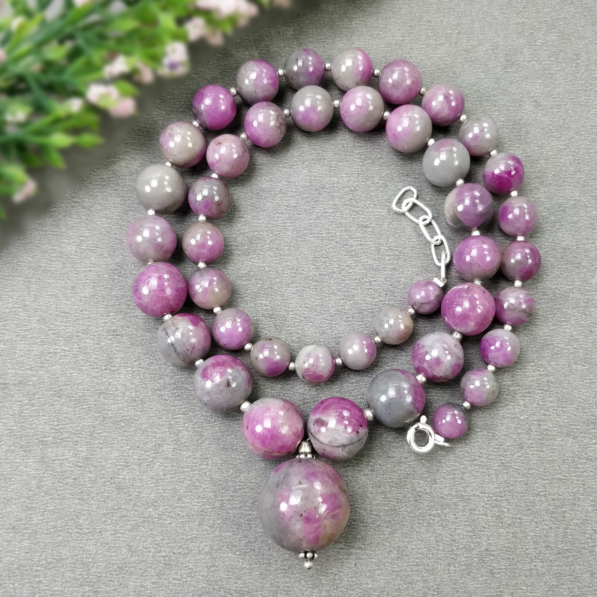 Natural Untreated Bi-Color Zoisite Ruby Gemstone Necklace - 334.15cts Genuine Ruby Balls with 925 Sterling Silver (7mm, 17mm, 18mm) | Elegant Jewelry for Women, Perfect Gift for Birthday, Anniversary & Special Occasions