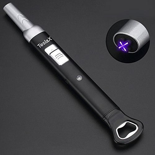 TeslaX Multipurpose Tactical Plasma Arc Lighter with Bottle Opener - Windproof USB Rechargeable Electric Lighter for Camping, Hiking, BBQ & Outdoor Adventures (Black)