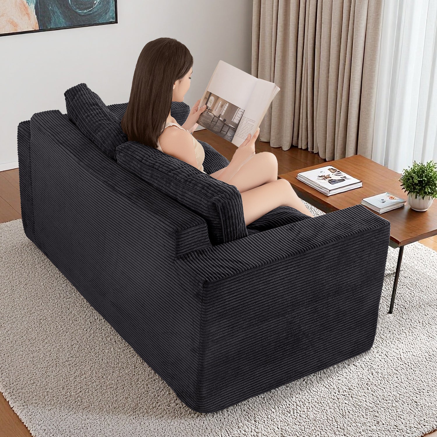 MAXYOYO Bean Bag Sofa Chair - Tufted Loveseat Boneless Couch with Removable Cushion & Backrest, Black | Comfortable Floor Seating for Living Room, Bedroom, Game Room & Dorm