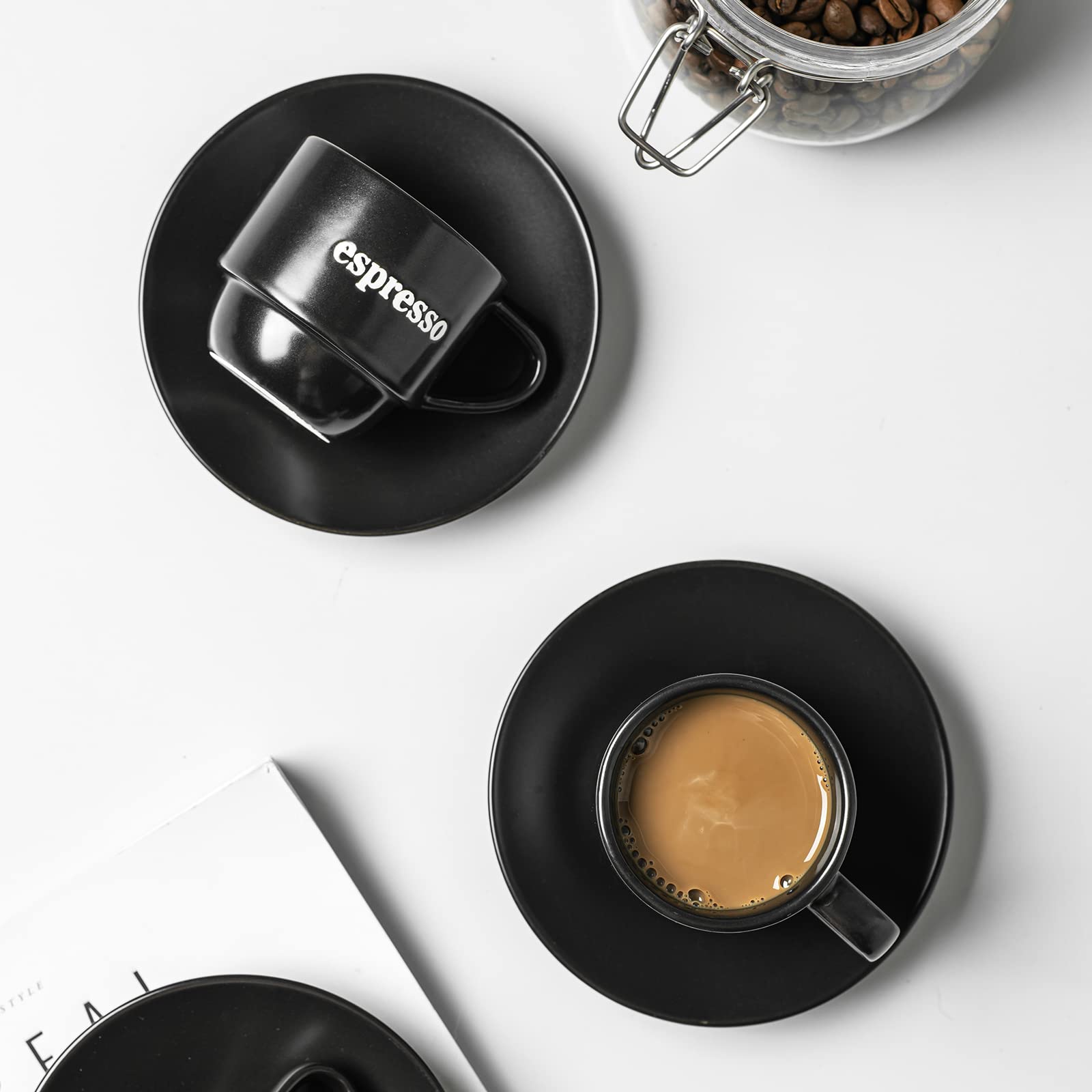LYEOBOH 4oz Porcelain Espresso Cups with Saucers Set - 6 Stackable Demitasse Coffee Mugs with Metal Stand for Latte, Cappuccino, Mocha & Tea - Perfect for Home Cafes, Coffee Shops & Gifts