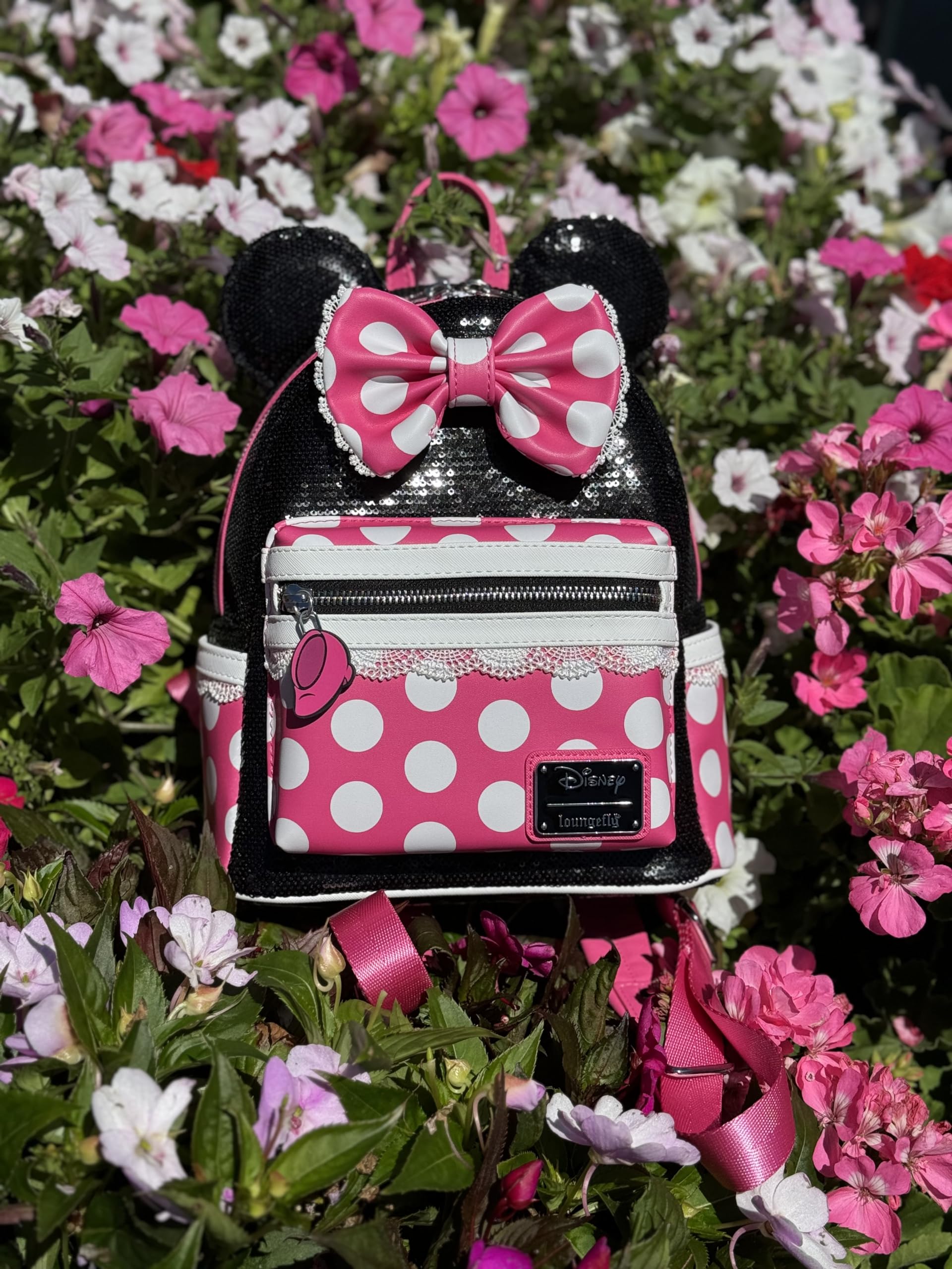 Loungefly Minnie Mouse Sequin Mini Backpack - Black Faux Leather Polka Dot Cosplay Purse (8.5x11x4.5 inches) | Perfect for Disney Theme Parks, Cosplay Events & Everyday Use