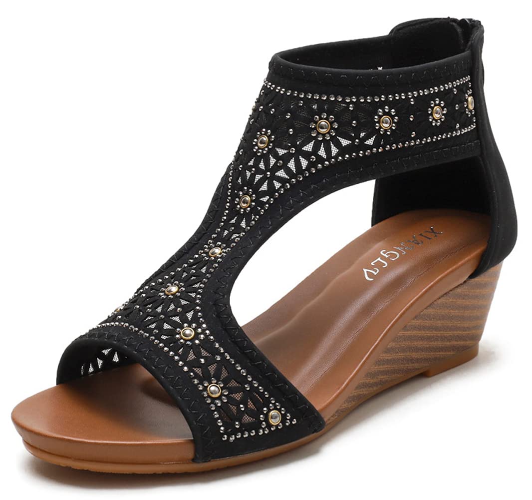 Women's Wedge Sandals with Mid Heel - Comfortable Mesh Flower Bohemian Roman Sandals for Casual Summer Wear | Perfect for Beach, Vacation, and Everyday Outfits