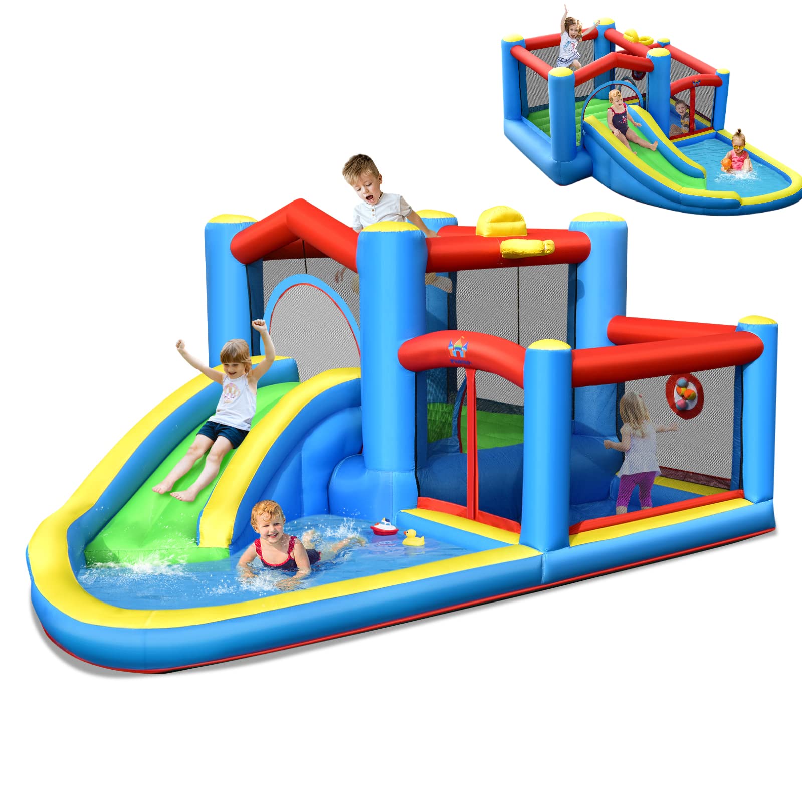 HONEY JOY 6-in-1 Inflatable Water Slide & Bounce House for Kids & Adults - Giant Blow Up Water Park with Target Ball, Climbing Wall - Outdoor Backyard Summer Party Water Slides (Blower Not Included) | Perfect for Birthday Parties, Family Gatherings & Summer Fun