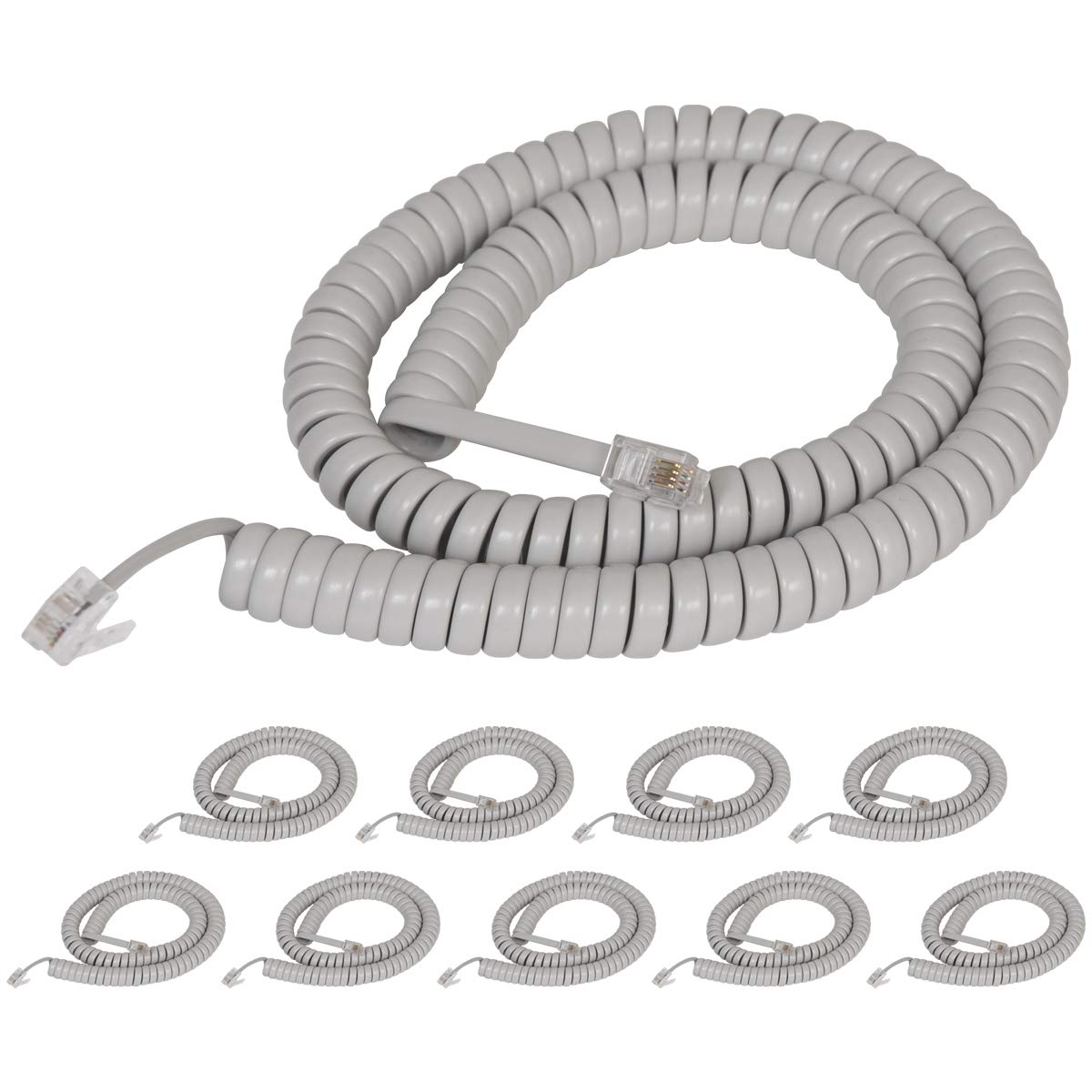 10-Pack Cablesys Coiled Telephone Handset Cord - RJ22 Connector, 12 Ft Uncoiled Length, 1.5 Inch Lead on Both Ends, Pearl Gray - Compatible with PBX Phone Systems & VoIP Telephones for Office, Call Center, and Home Business Use