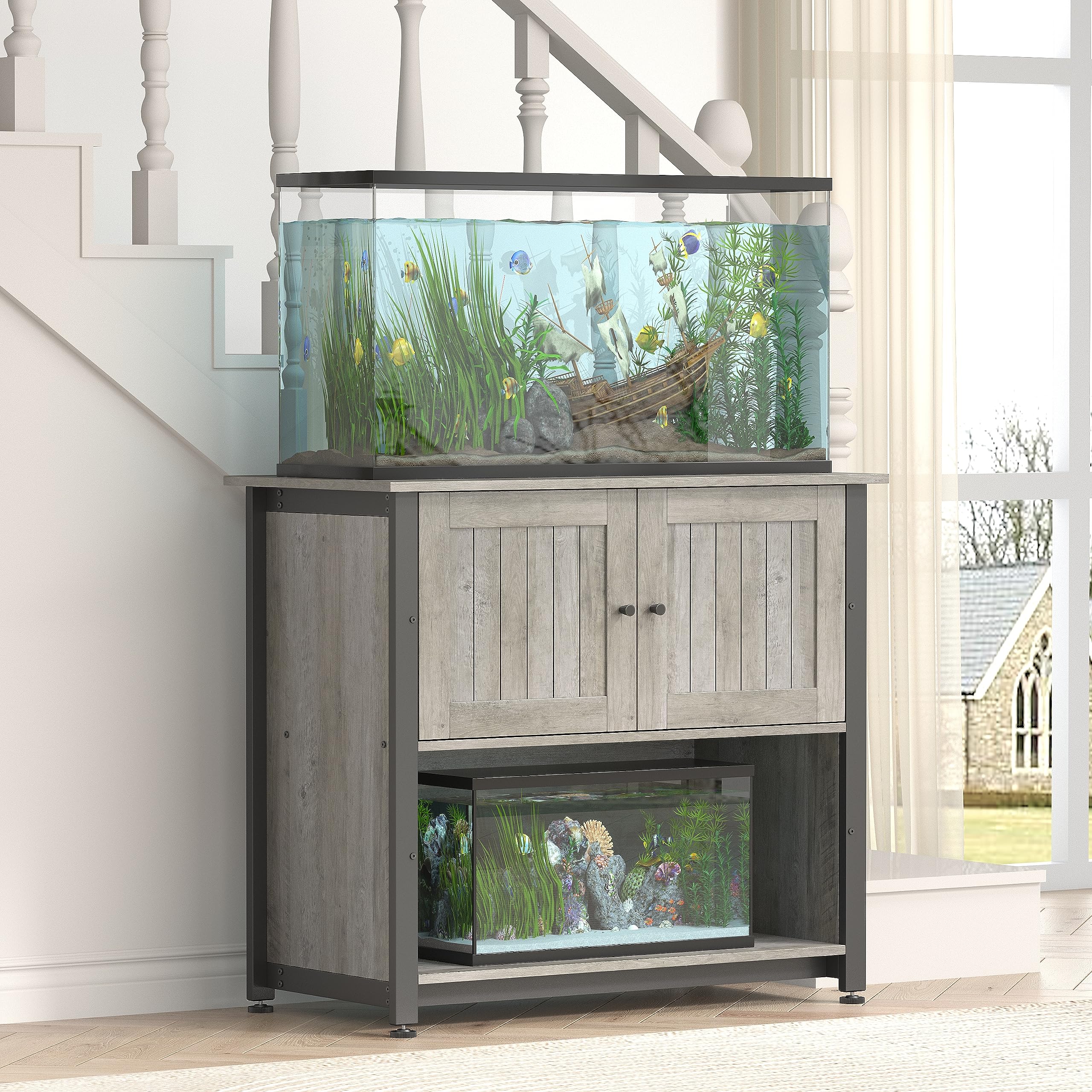 **Tatub 40-50 Gallon Fish Tank Stand with Cabinet - Heavy Duty Metal Aquarium Stand for Reptile Tanks, Turtle Terrariums & Accessories Storage - Holds 1000LBS - Fits 2 Aquariums - Grey - Perfect for Home, Office & Pet Store Displays**