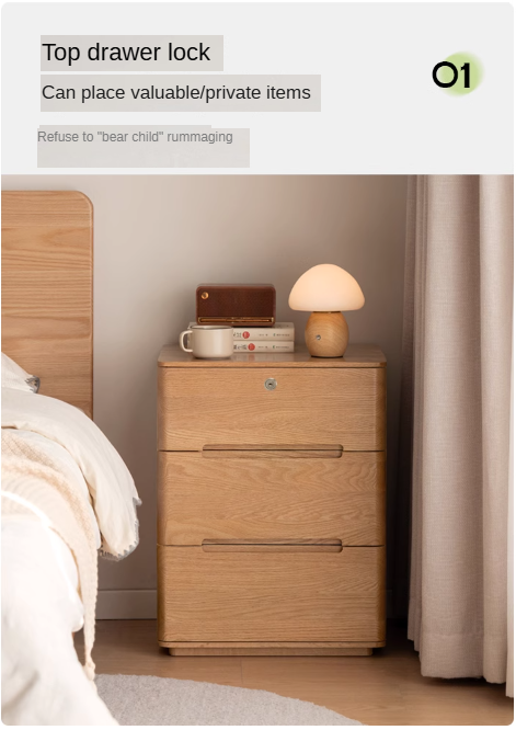 Solid Oak Wood 3-Drawer Nightstand with Lock - Bedside Table for Bedroom, Living Room & Office Storage