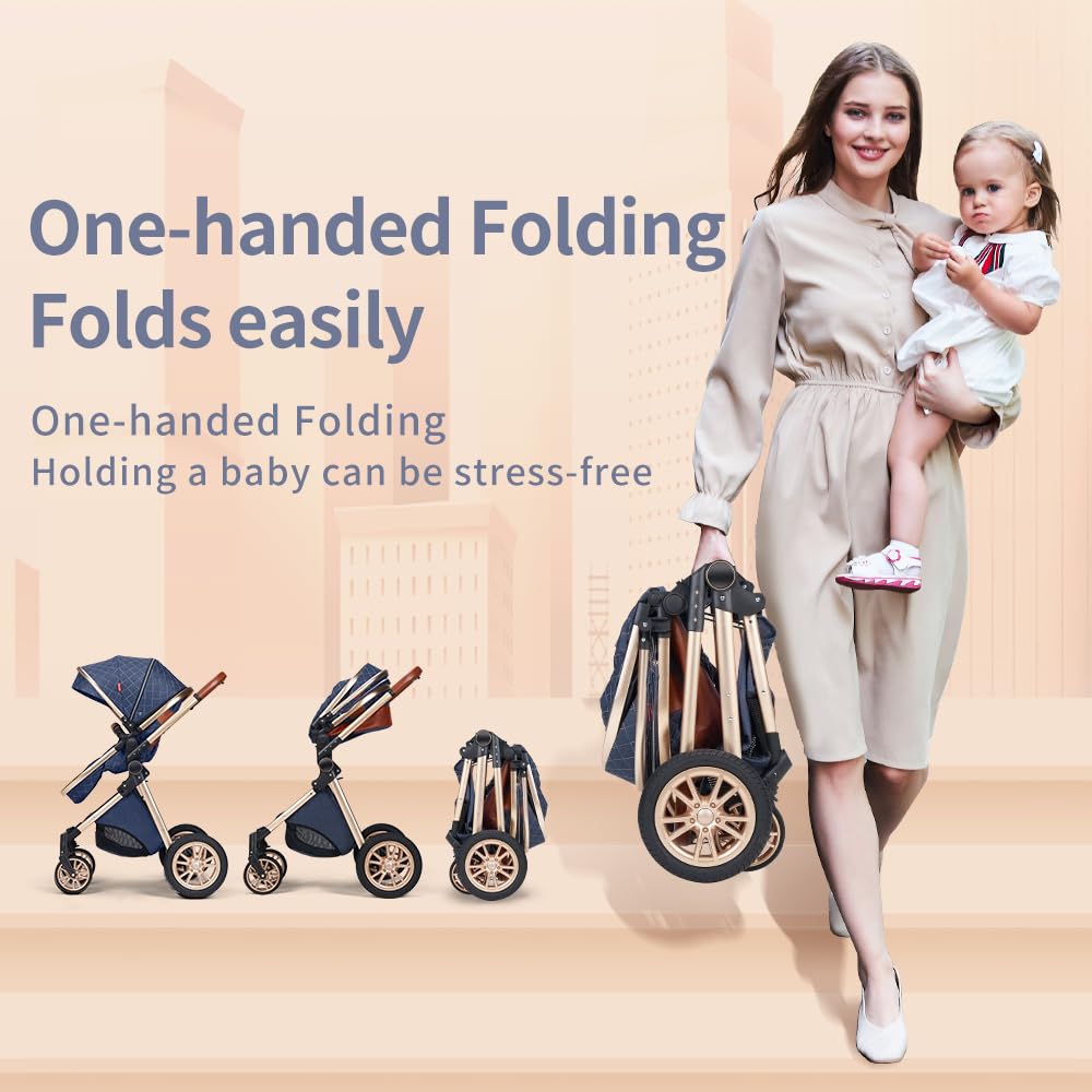 3 in 1 Baby Travel System - Reversible Foldable Stroller with Pram & Carriage | Lightweight Infant Pushchair for Newborns | High Landscape View & Reclining Seat (Pink Base) - Perfect for Shopping, Travel & Daily Walks