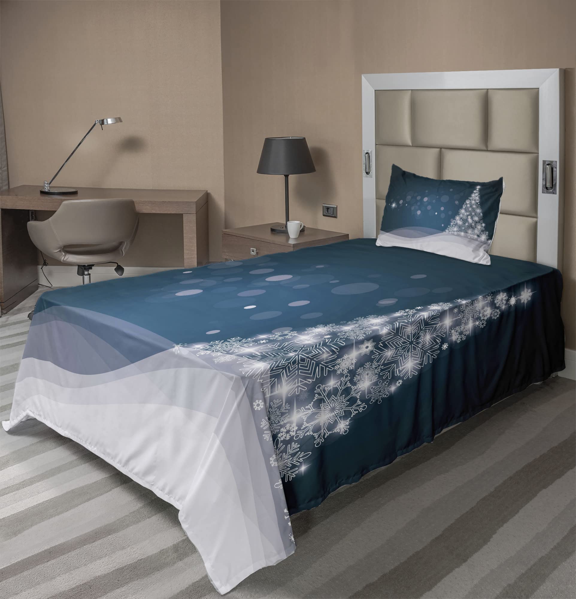 Ambesonne Christmas Sheet Set - Abstract Xmas Tree & Snowflakes Design, 3-Piece Twin Bedding Set (Fitted Sheet, Flat Sheet, Pillowcase) in Slate Blue & White | Cozy Winter Bedroom Decor for Holiday Season