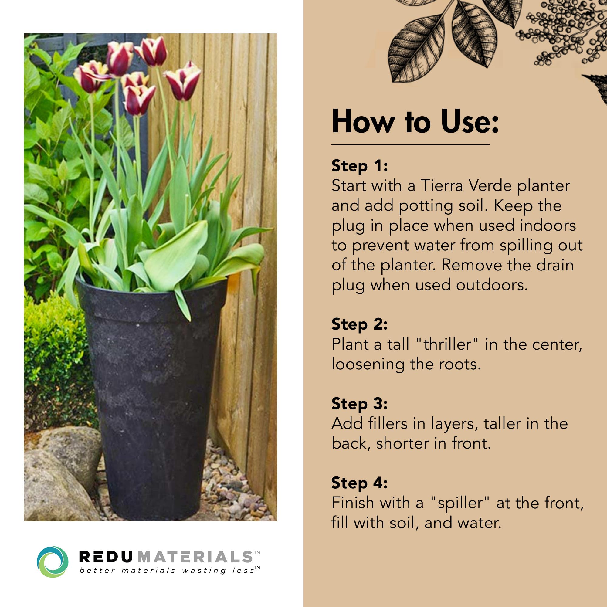 TierraVerde 2 Pack Aria Round Planter - Indoor/Outdoor Self Watering Flower Pots, 15 Inch Wide x 26 Inch Tall, Black - Perfect for Home Decor, Garden, Patio & Office Plants