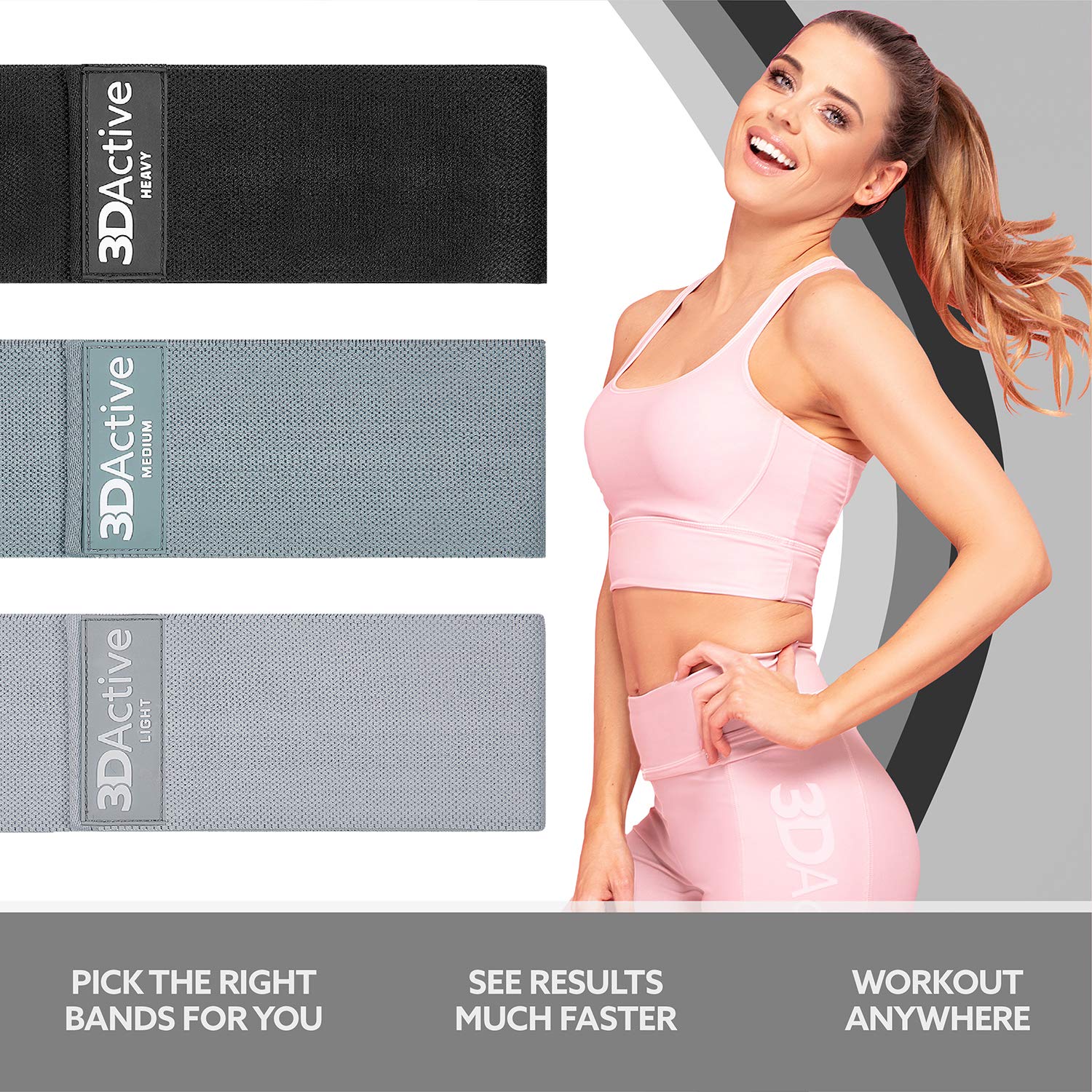 3DActive Fabric Resistance Bands for Legs & Butt Workouts - Non-Slip Hip Band Set for Home & Gym Training - Includes Exercise Guide & Carry Bag - Perfect for Toning, Strength Training & Physical Therapy