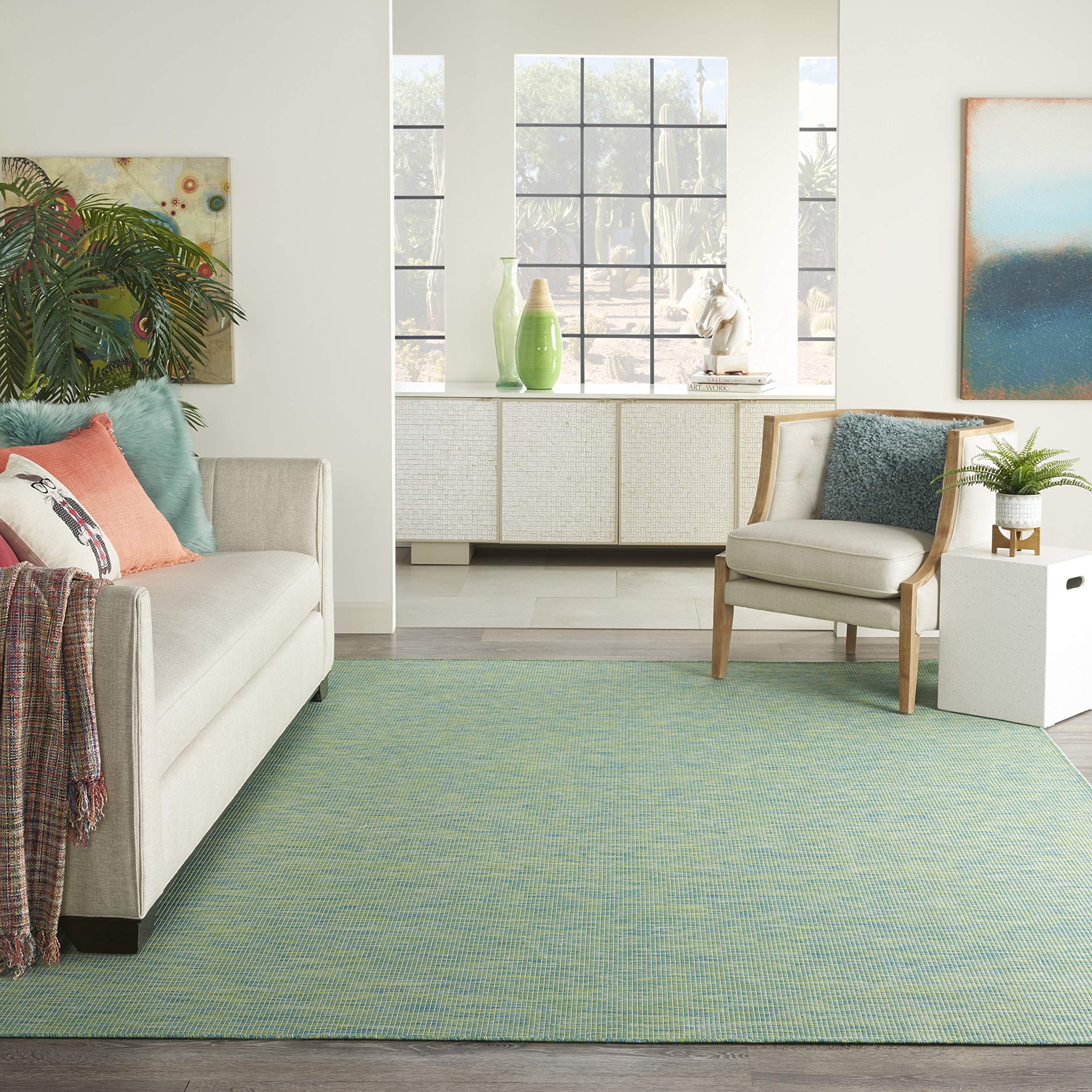 Nourison Positano 8' x 10' Indoor/Outdoor Area Rug - Blue & Green Striped Design, Easy to Clean, Non-Shedding, Stain Resistant | Perfect for Living Room, Bedroom, Dining Room, Patio, Deck & Backyard (8x10)