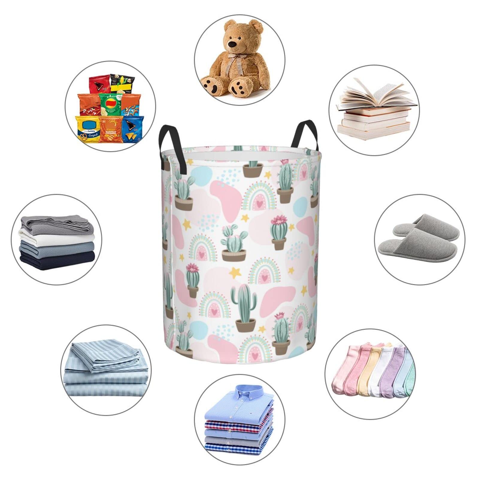 Cute Cactus Cow Print Collapsible Laundry Basket with Handle - Waterproof Fabric Hamper for Clothes, Toys & Bathroom Storage - Space Saving Large Dirty Clothes Bin for Home, Dorm & Nursery Organization