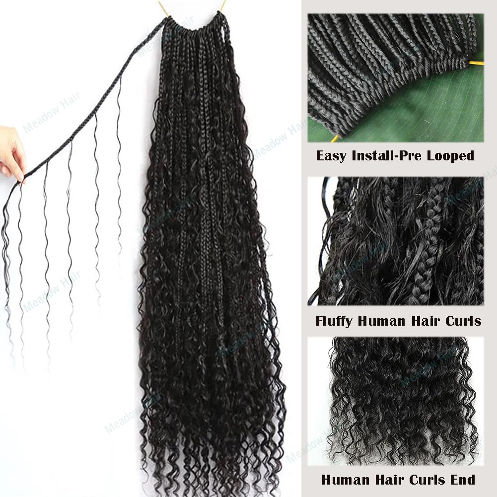 24Inch 80 Strands Crochet Boho Box Braids with Human Hair Curls - Pre-Looped Synthetic Hair Box Braids with Deep Wave Ends for Black Women | Perfect for Protective Styling, Everyday Wear & Special Occasions