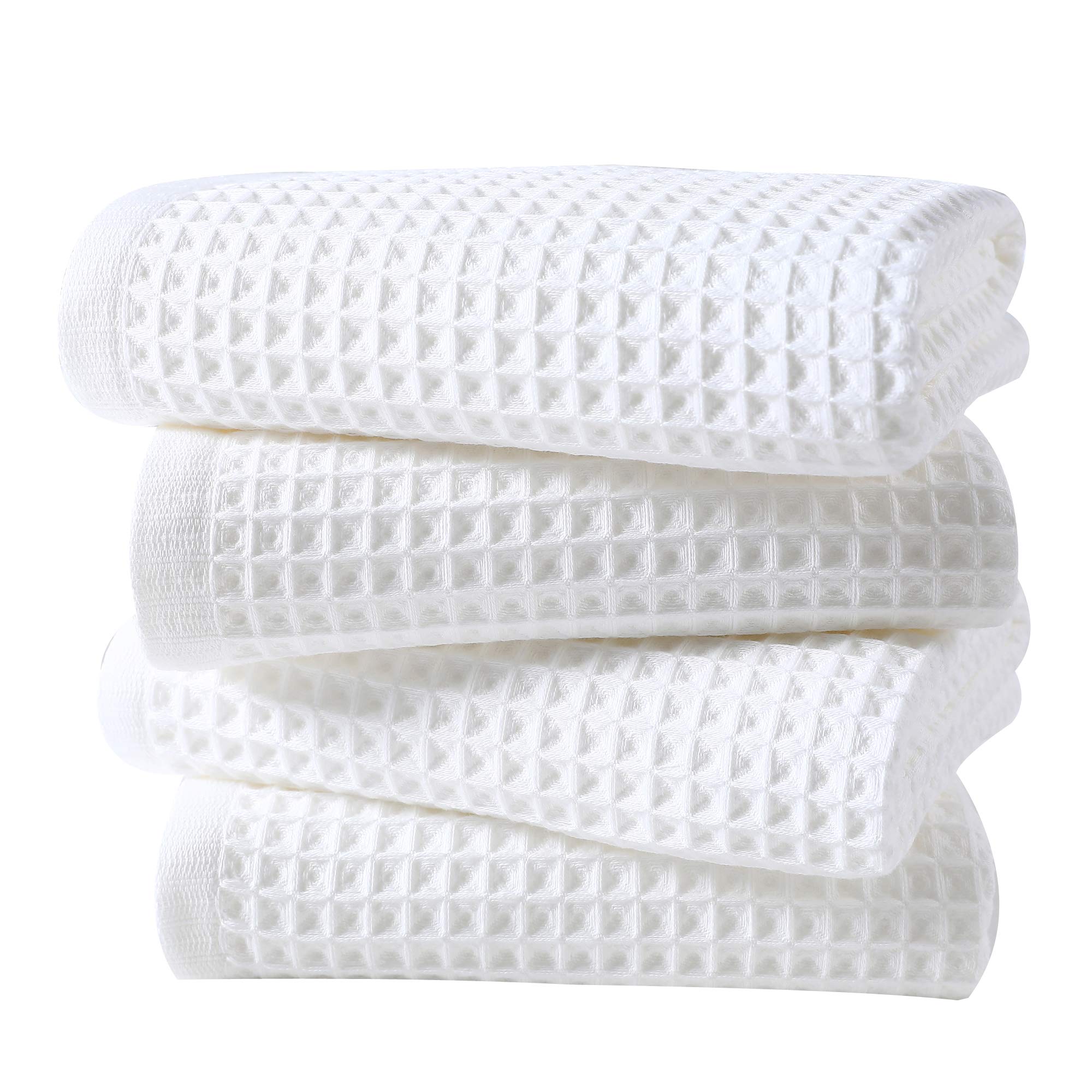 Luxury Waffle Weave Bath Towels 4-Pack - 100% Premium Cotton, 27x55 Inches, Soft & Absorbent - Perfect for Spa, Bathroom & Beach (White)