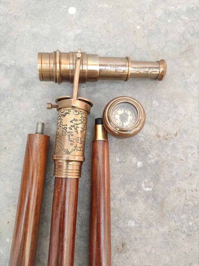 Antique 1920 Dollond London Victorian Telescope Compass Walking Cane - Engraved Spyglass Handle, Steampunk Style, Brown - Perfect for Historical Reenactments, Cosplay & Unique Gifts