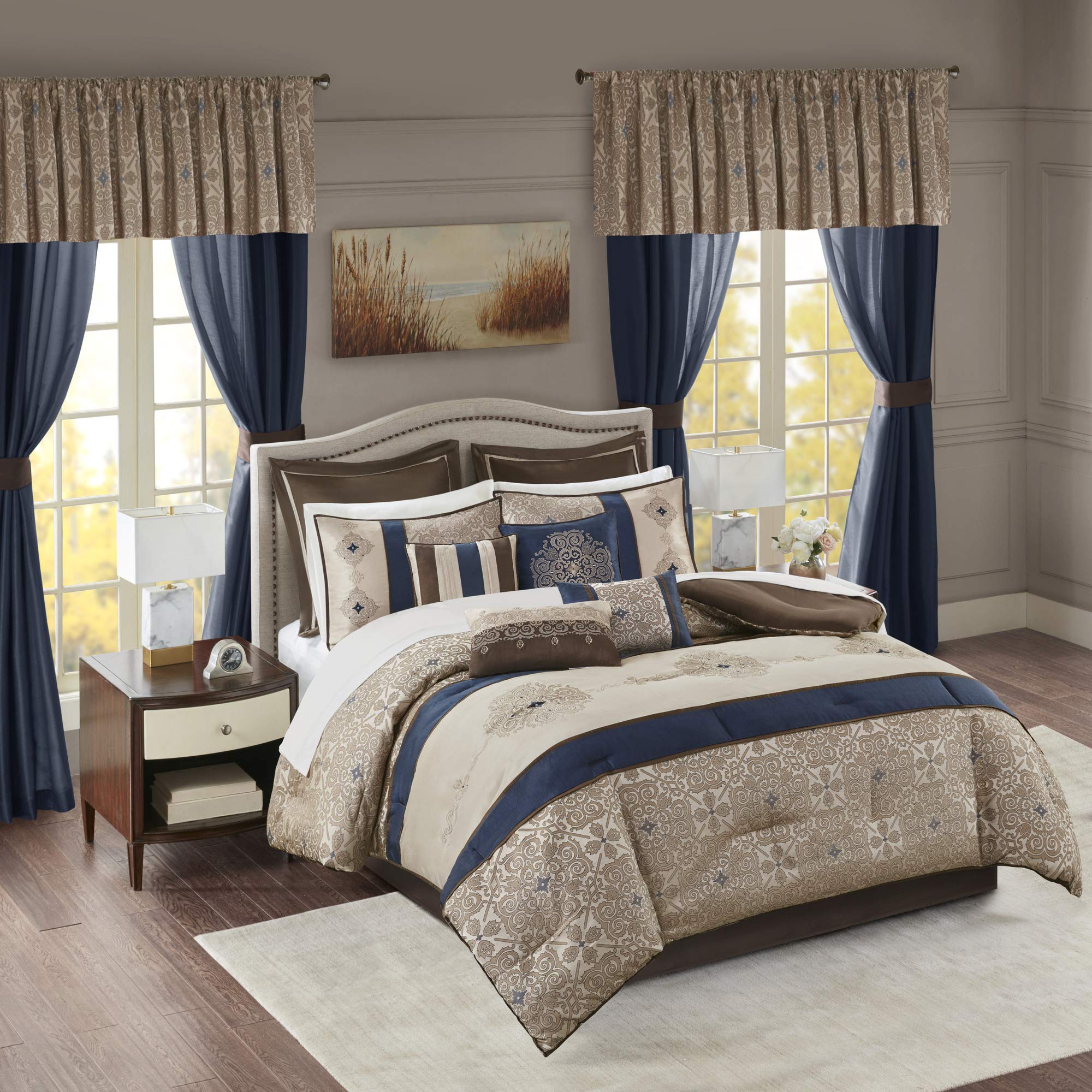 Madison Park Essentials Delaney 24-Piece Luxury Bedding Set - Satin Jacquard Comforter, Sheets, Decorative Pillows & Curtains - All Season King Size (104