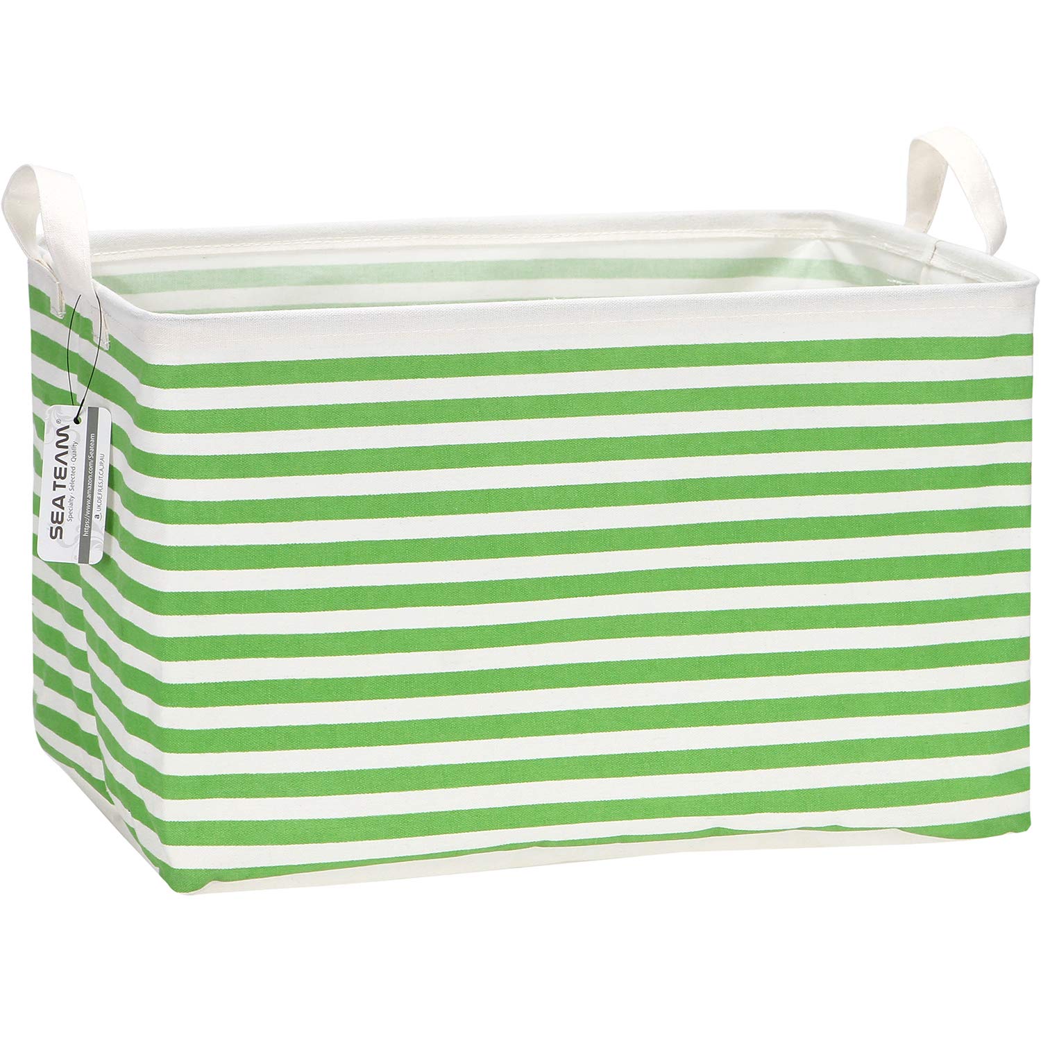 Sea Team Collapsible Canvas Storage Basket with Handles - Foldable Waterproof Fabric Bin for Closet, Shelf & Home Organization - 16.5 x 11.8 x 9.8 Inches Rectangle Storage Box - Perfect for Bedroom, Bathroom & Kids Room (Green Stripe)