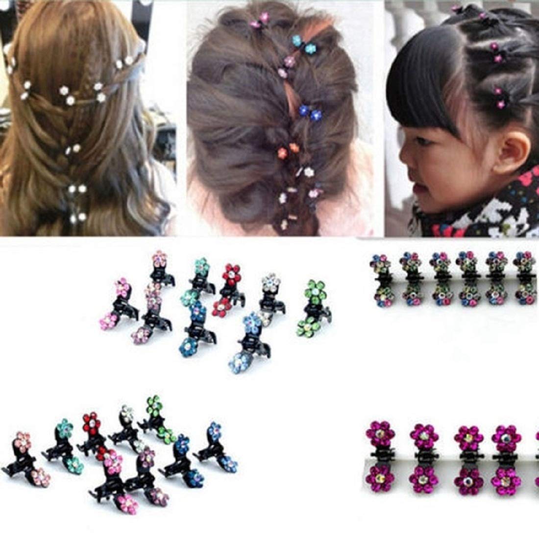 12 Pcs Girls Rhinestone Crystal Flower Hair Clips - Colorful Floral Mini Hair Claws for Kids & Teens - Perfect for School, Parties, and Daily Hairstyles