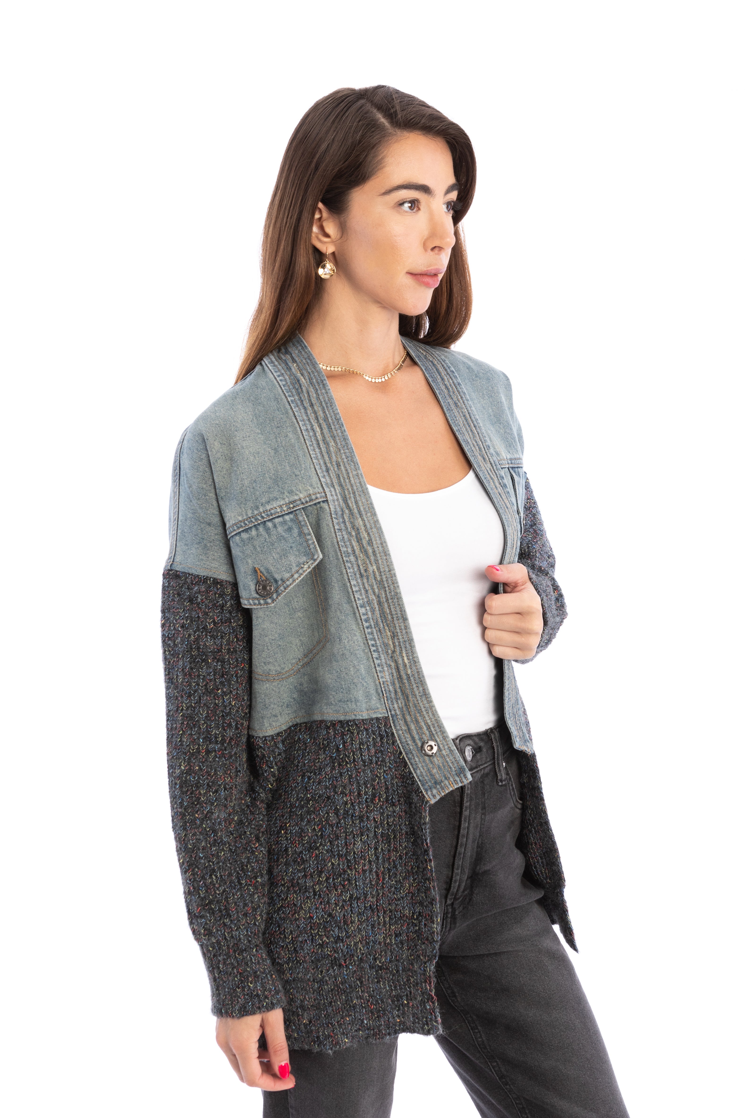 Stylish Grey Denim Sweater Jacket for Women - Cozy Fall & Winter Layering Essential - Perfect for Casual Outings and Date Nights