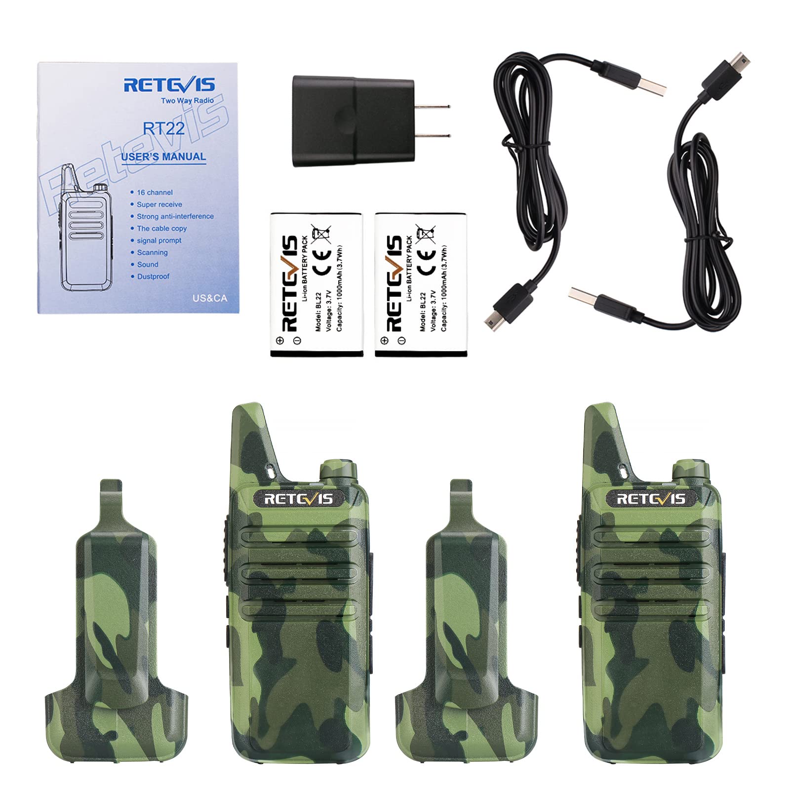 Retevis RT22 Rechargeable Walkie Talkies with VOX, Emergency Alarm & Long Range - Ideal for Outdoor Adventures, Cruise Ships, ATV, Hunting & Skiing (4 Pack, Camouflage) | Perfect for Family Camping, Hiking & Emergency Communication