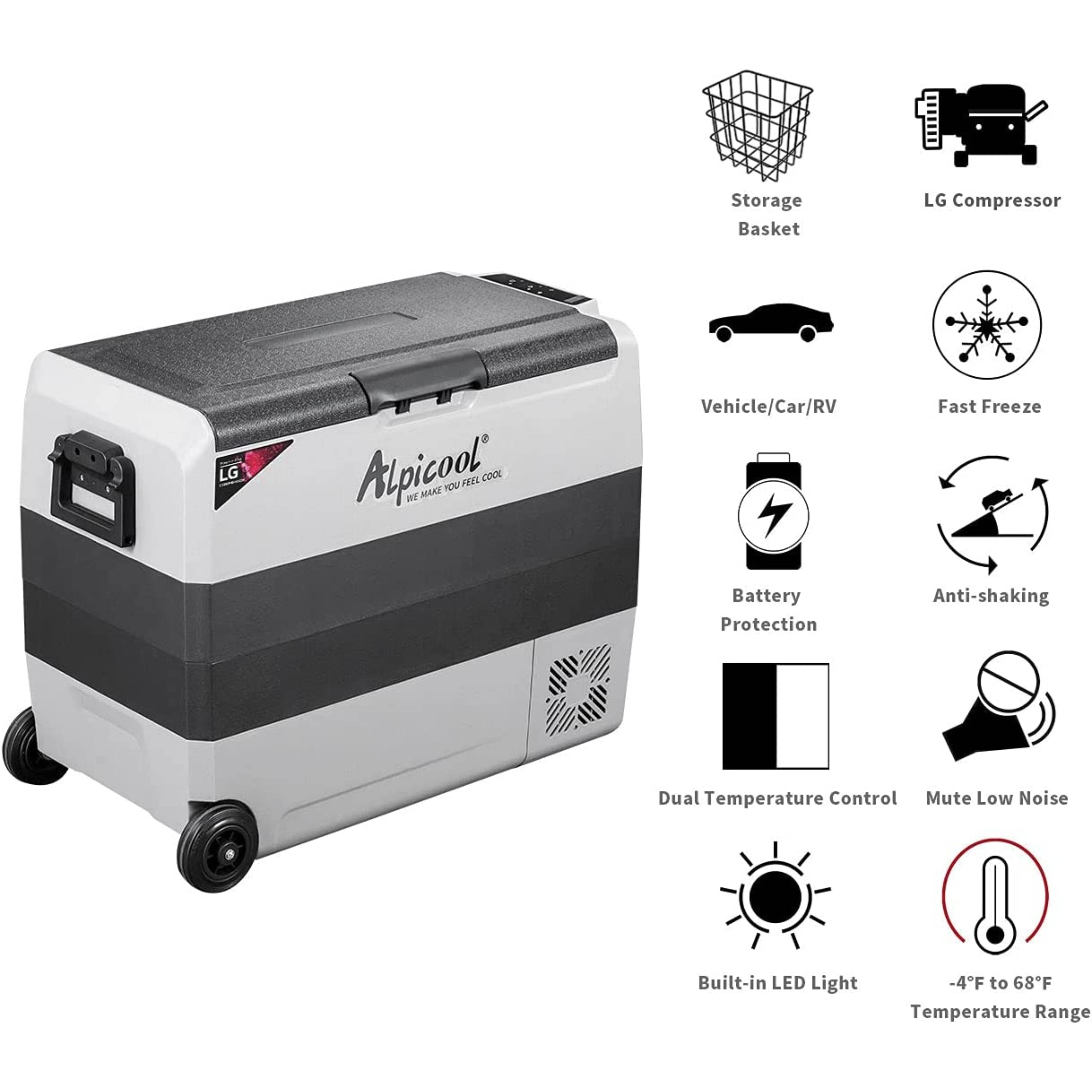 Alpicool LGT60 12V/24V Portable Car Refrigerator - 60L Dual Zone Freezer & Fridge for Camping, Road Trips, RV & Outdoor Adventures