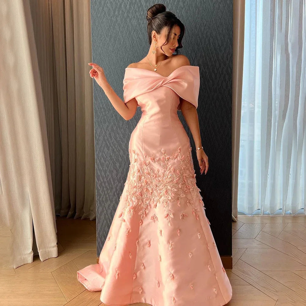 Luxury Dubai Elegant Appliques Mermaid Peach Satin Long Evening Dress for Women - Wedding, Party, Prom & Formal Occasions | Serene Hill Collection 2025 LA72483