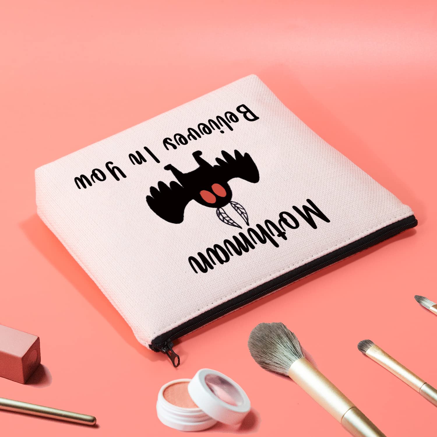 Funny Cryptid Mothman Makeup Bag - Mothman Believes In You - Unique Mothman Folklore Book Lover Gift for Cryptozoology Fans - Perfect for Cosmetics, Travel & Gothic Themed Parties