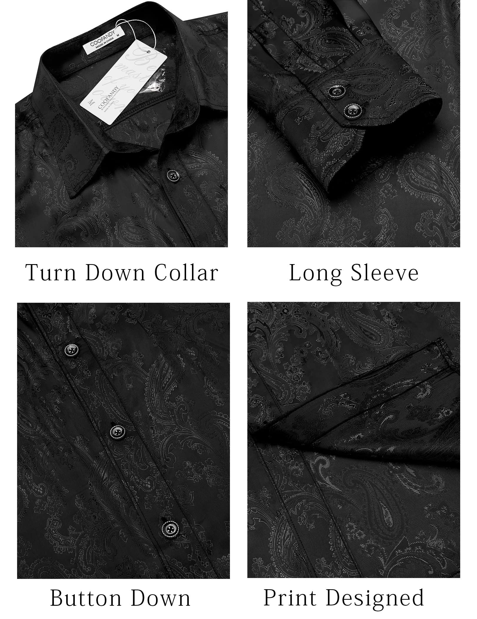 COOFANDY Men's Silk Satin Dress Shirt - Long Sleeve Floral Printed Formal Shirt | Paisley Button Down for Wedding, Party & Prom | Perfect for Business Meetings & Special Occasions