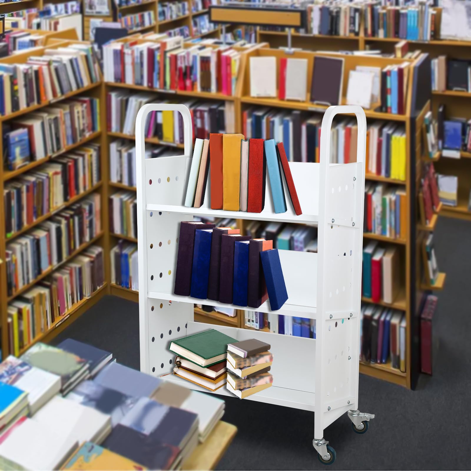 3-Shelf Rolling Book Cart with Lockable Wheels - V-Shaped Single-Sided Library Cart for Home, Office & School - White | Perfect for Book Storage, Classroom Organization & Mobile Shelving Solutions