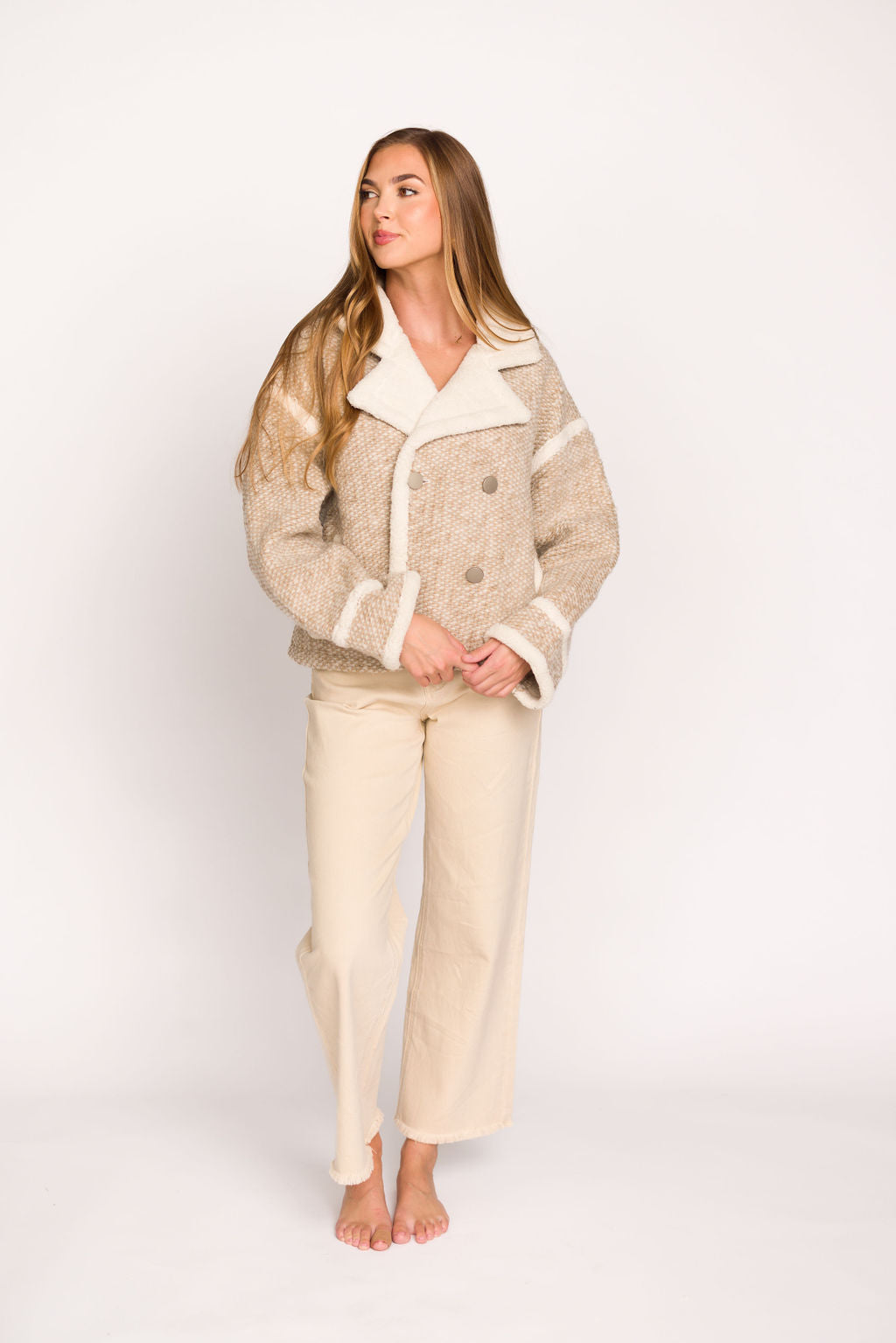 Presley Mixed Color Mini Pompom Jacket in Beige Combo - Stylish Women's Winter Coat for Casual Outings & Holiday Parties