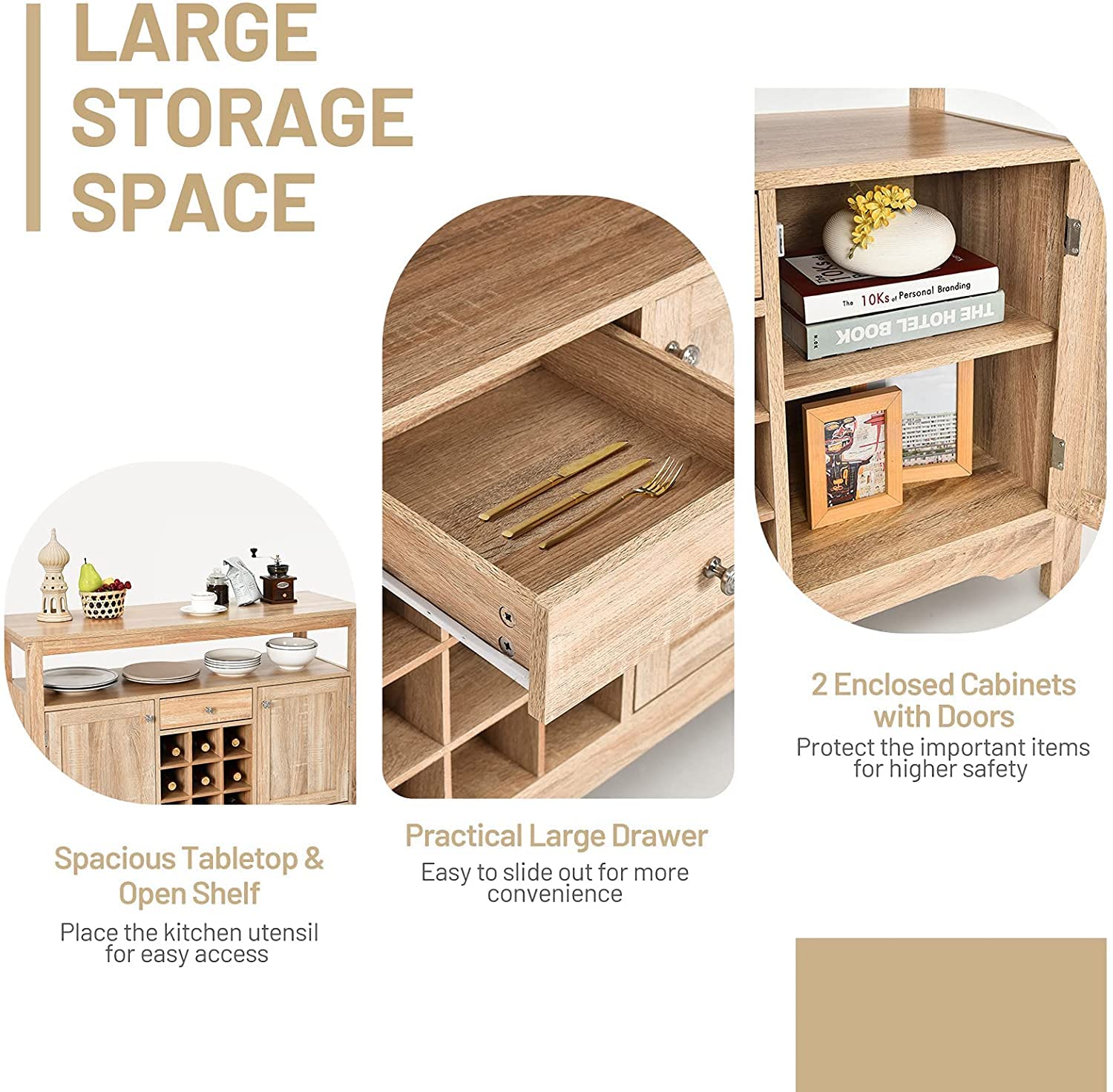 BANGTANE Buffet Kitchen Sideboard - Solid Wood Console Table with 2 Storage Cabinets, Drawer, Wine Rack & Open Shelf | Entryway Storage Organizer for Living Room, Dining Room & Hallway (Natural Finish, HW63250) | Perfect for Home Decor, Entertaining & Small Space Organization